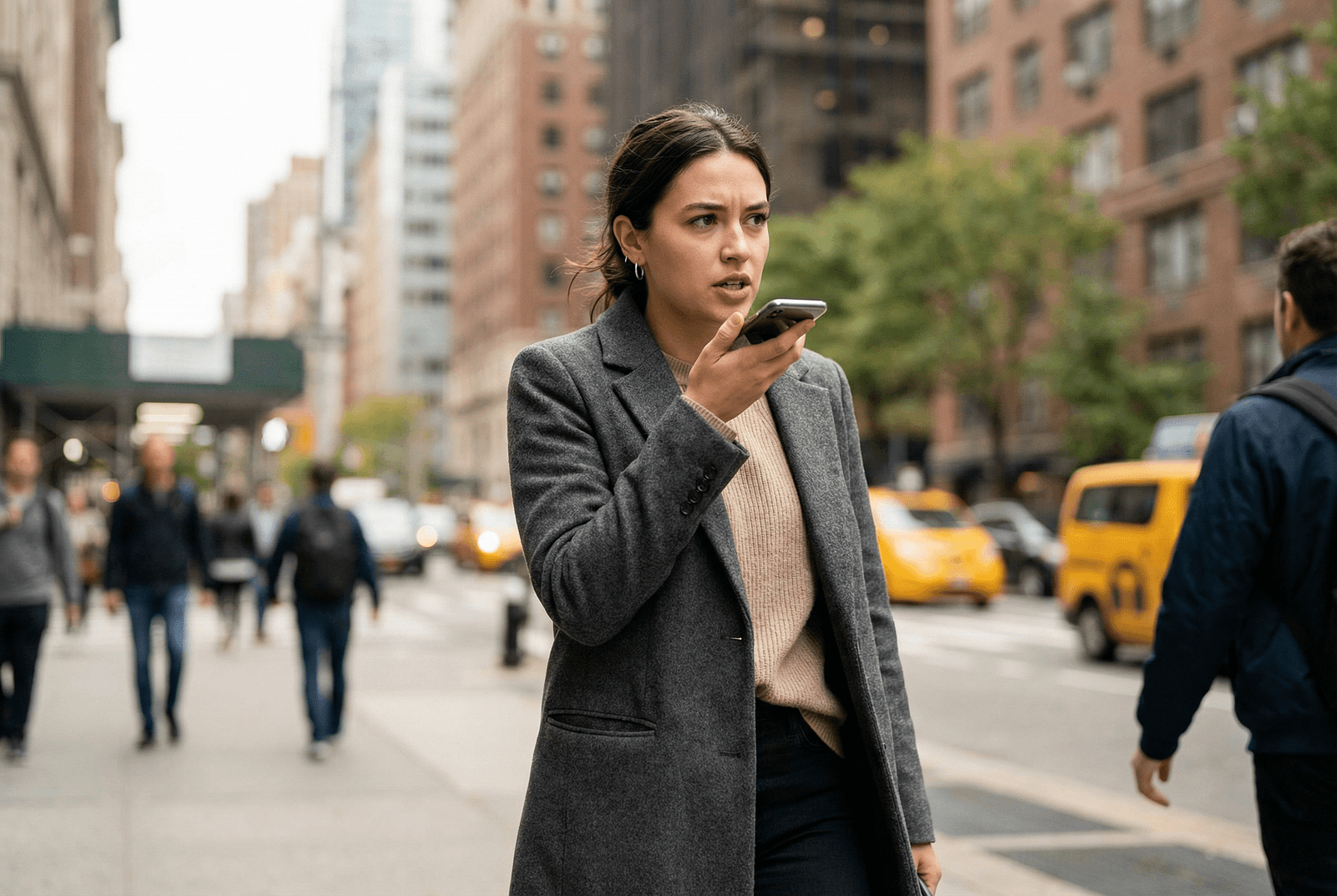 Young professional woman walking along a city street, holding her phone in front of her mouth while recording a voice message, with pedestrians and traffic softly blurred in the background.