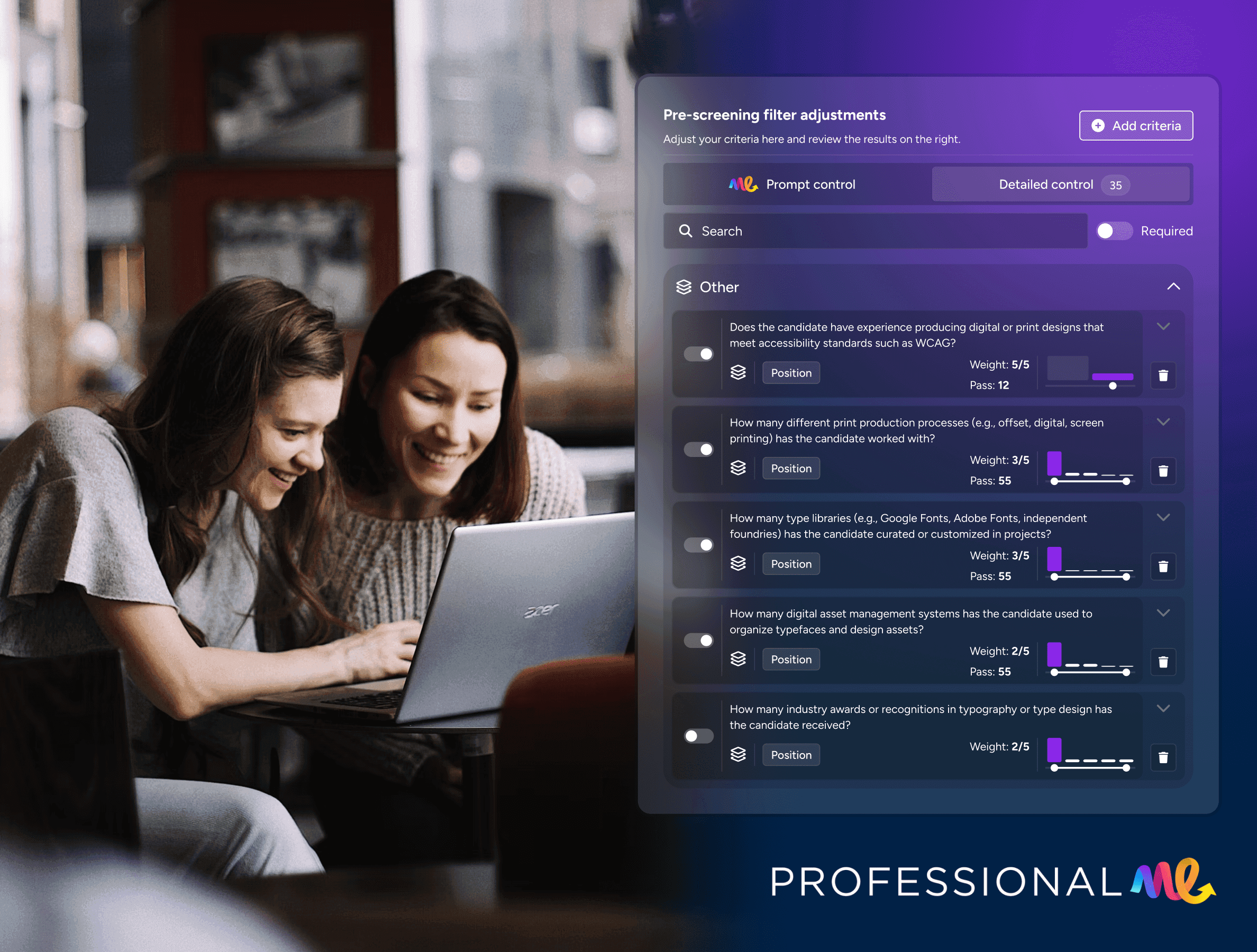 Professional.me AI assisted filter functionality