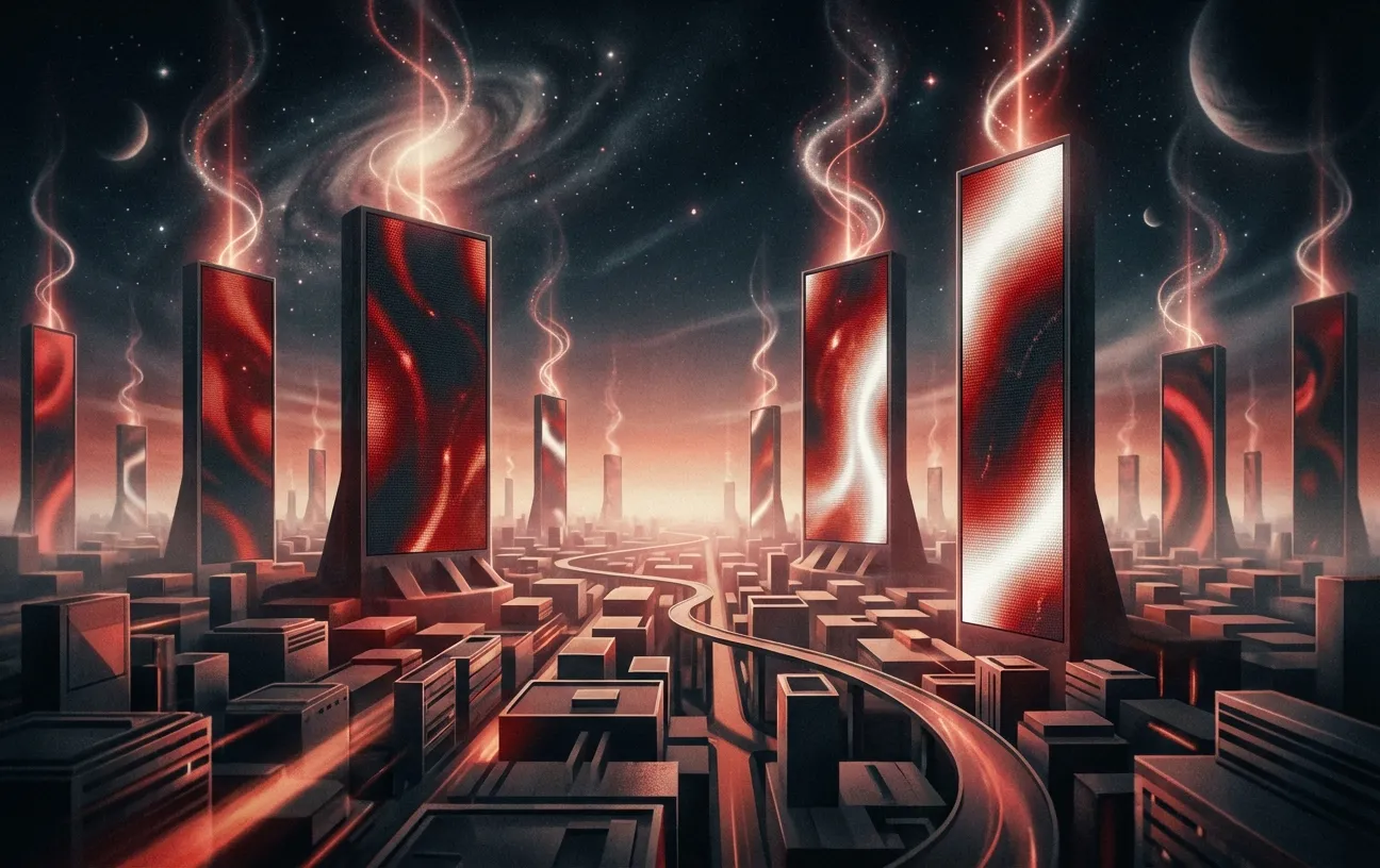 Futuristic cityscape, illuminated towers; RockN' Socials Digital Marketing Agency.