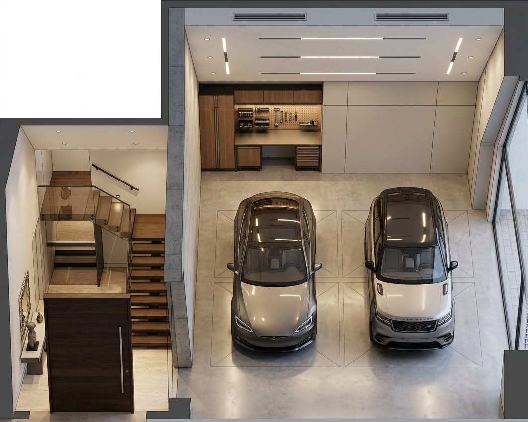 3D architectural cutaway view of a luxury double garage and formal entryway at Pinewaver Villas, showcasing polished grey wood-vein stone flooring, a fully equipped built-in workshop system, and a timber staircase with a glass balustrade.