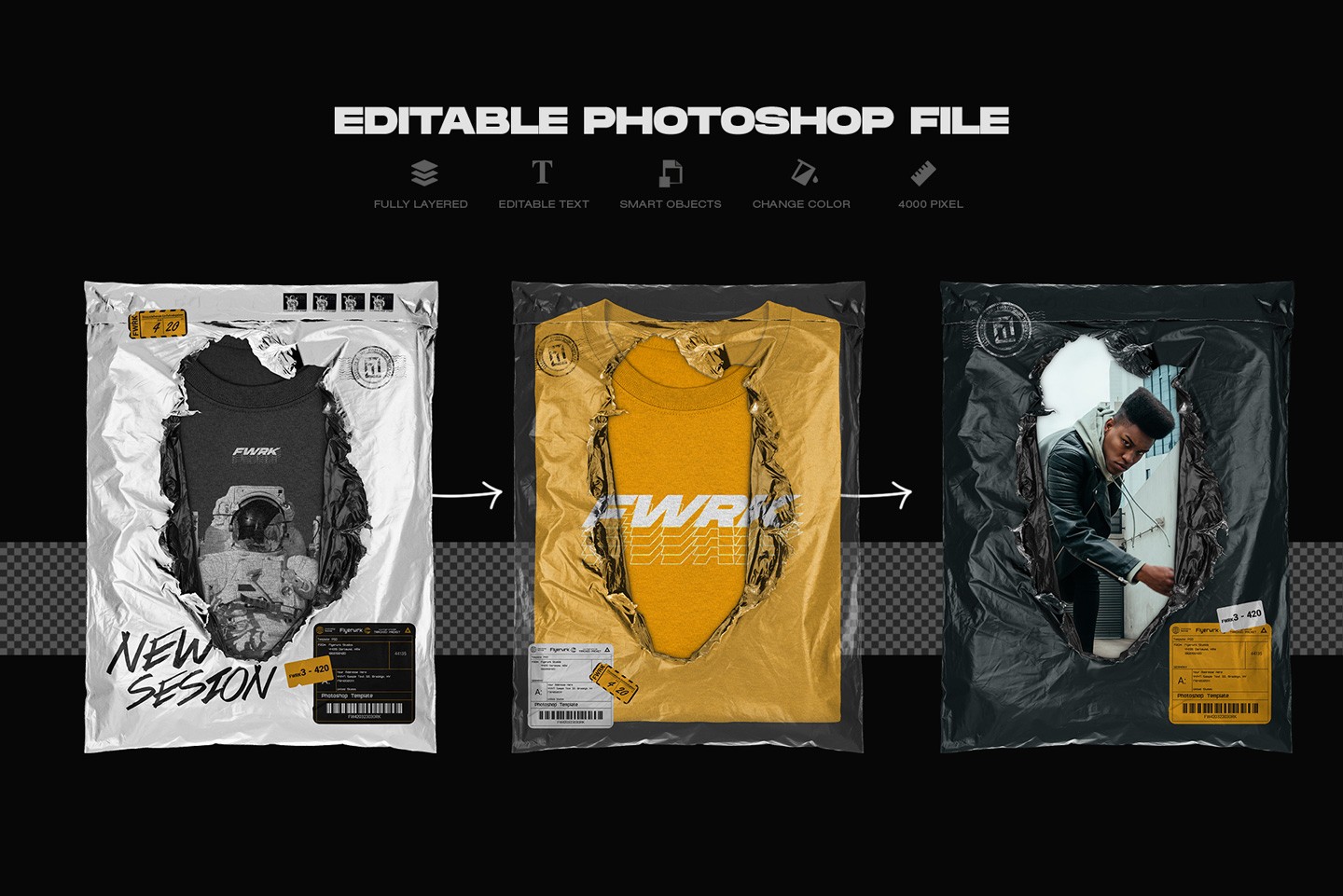 Delivery packaging bundle torn parcel bag mockup showing apparel packaging presentation