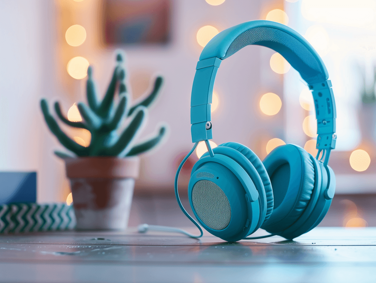 Headphones and a cactus with blurred lights.