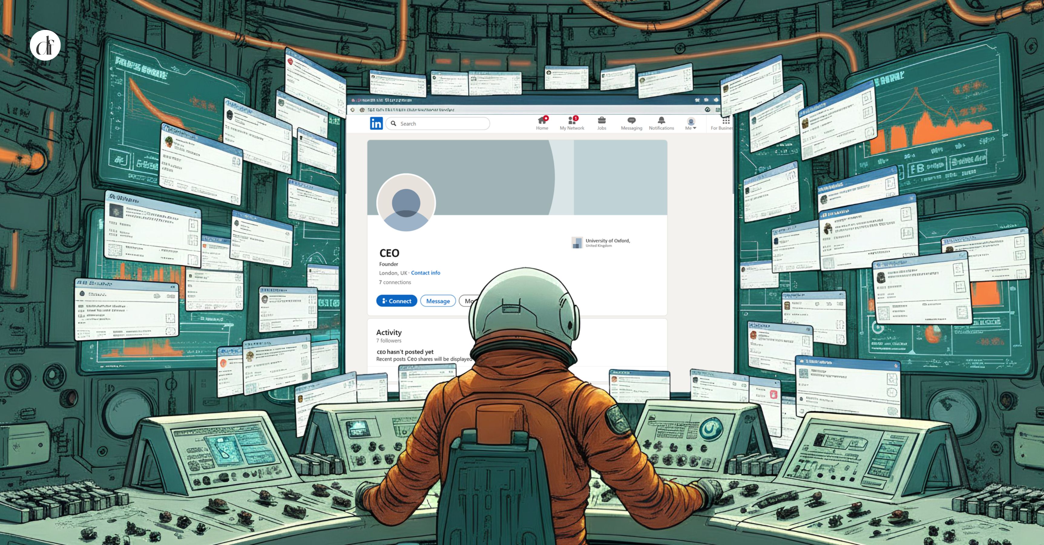 B2B founder optimizing LinkedIn profile for personal branding with CEO dashboard showing connections and thought leadership by Dreamforge