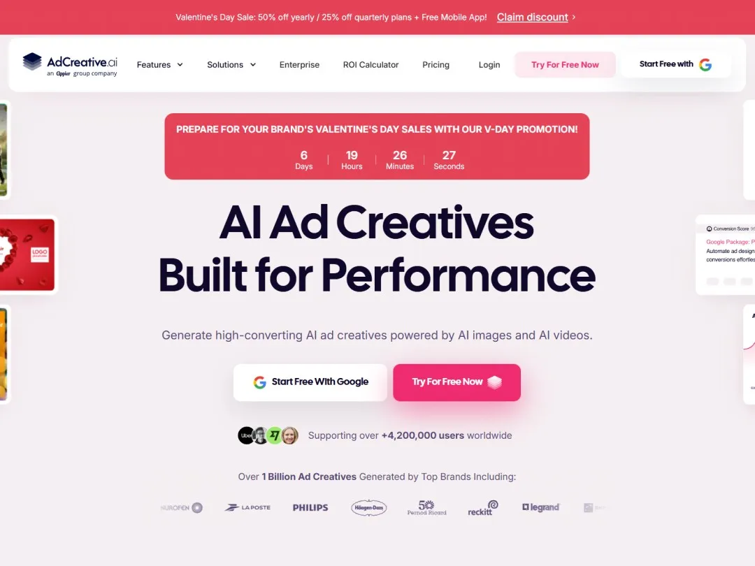 AdCreative website hero section withy a countdown above the headline, ad graphics on the side, 2 buttons and logos 
