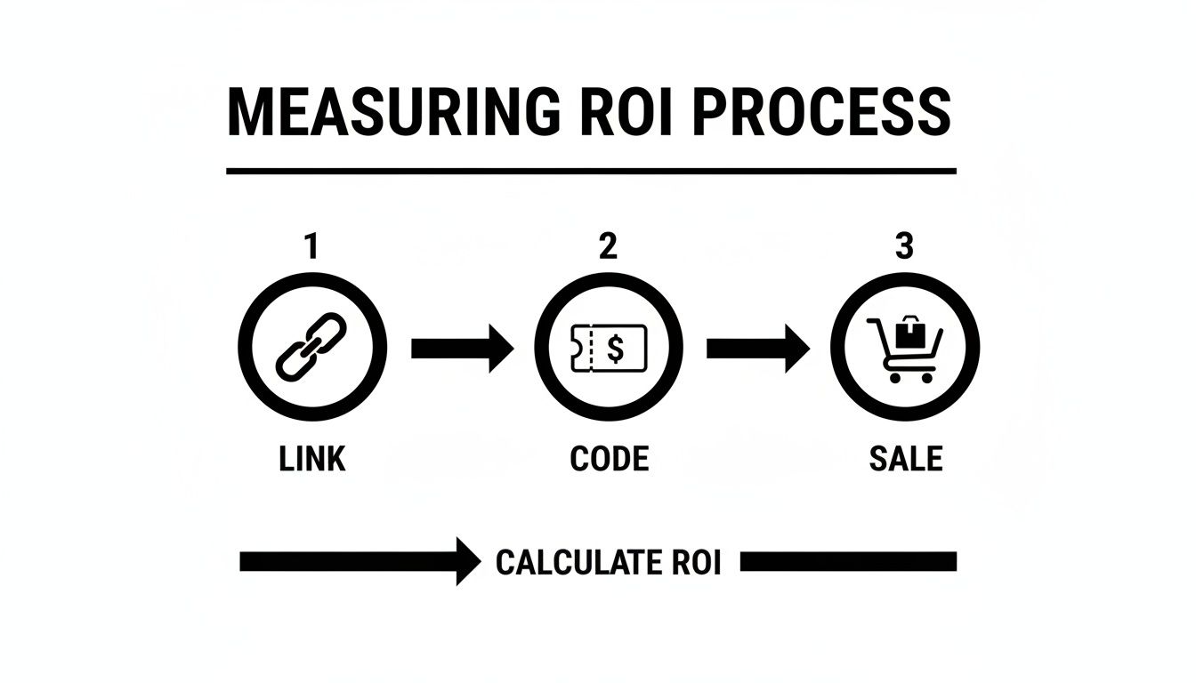 A diagram illustrating the measuring ROI process, showing steps: Link, Code, Sale, leading to Calculate ROI.