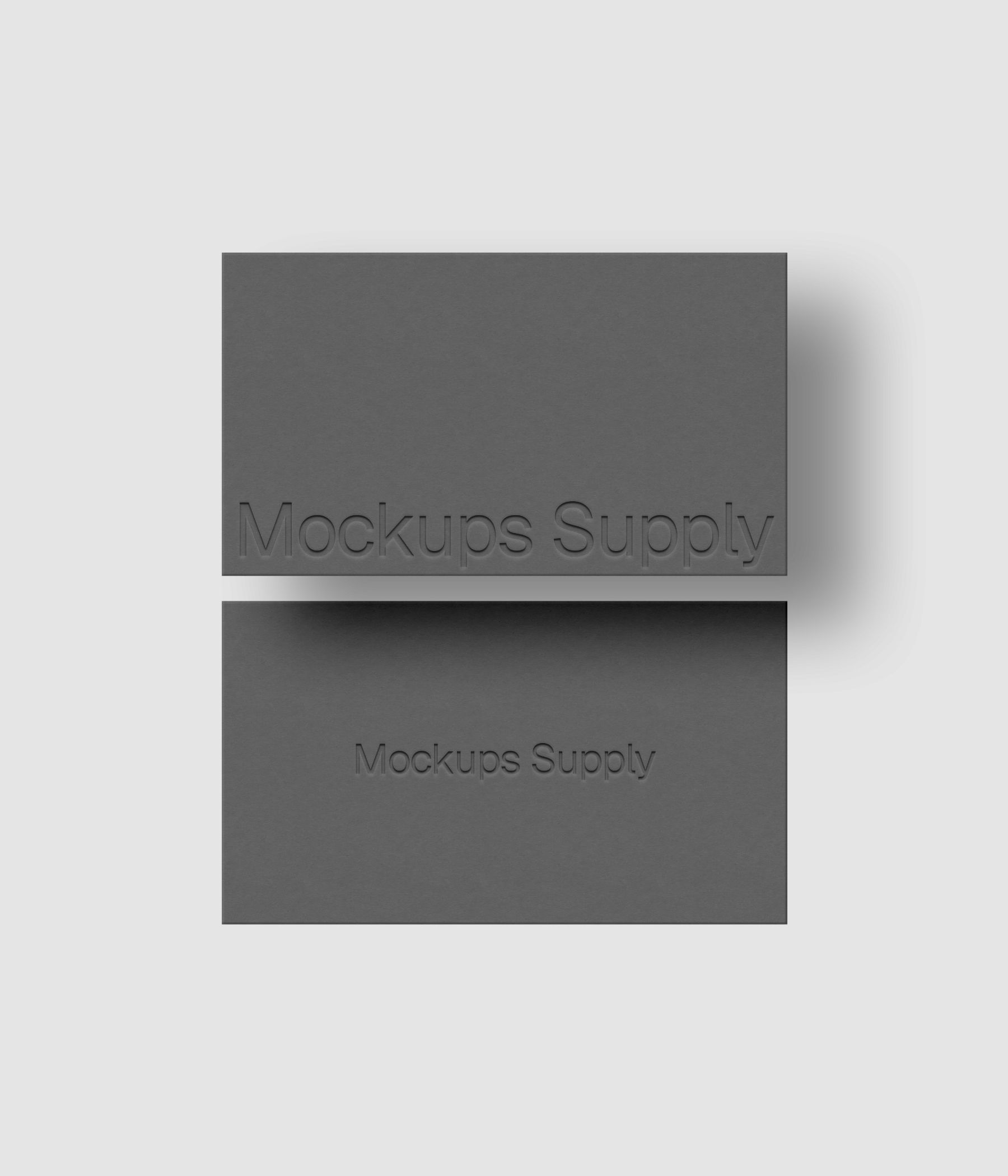 Two business cards mockup PSD US Canada landscape with debossed logo and soft shadow, gray cards on white background, clean modern stationery mockup for brand identity