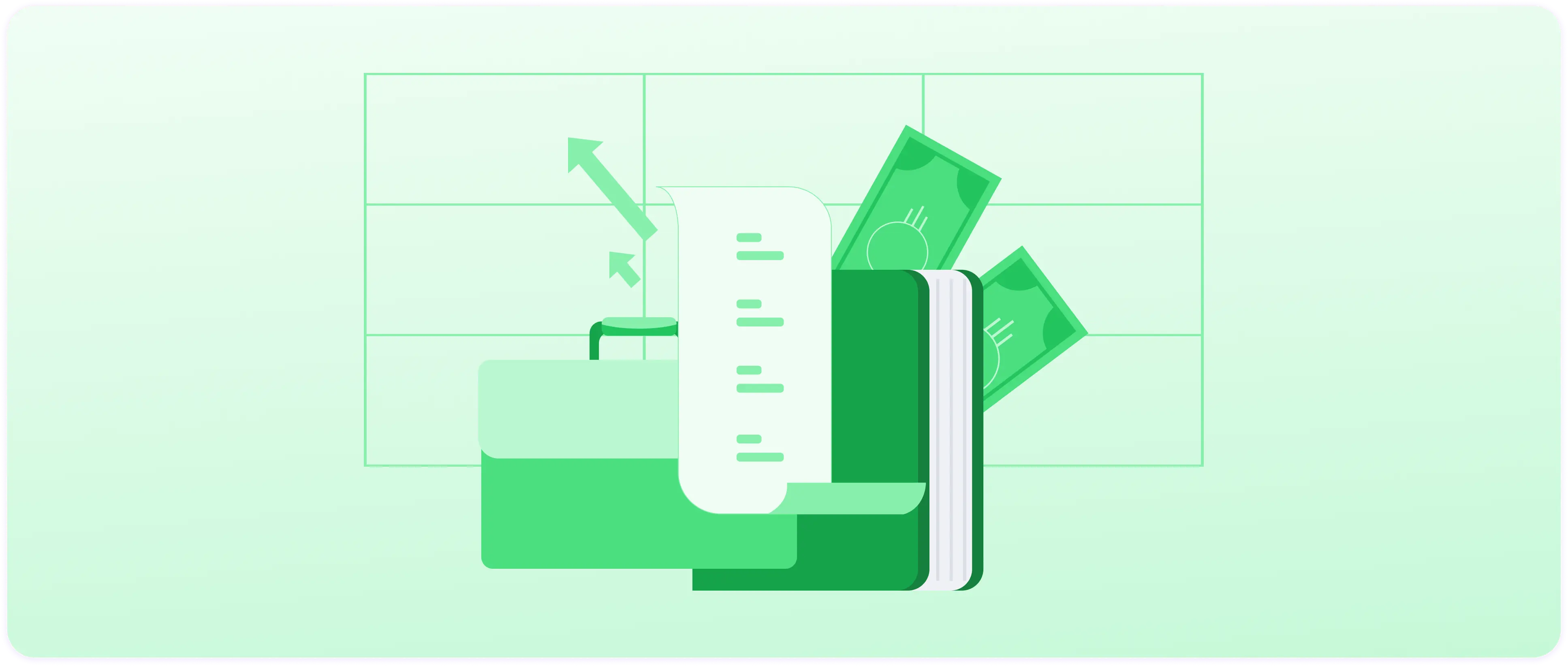 Green-themed illustration of a report with an upward arrow and a wallet.