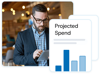Professional analysing data on a tablet with a floating “Projected Spend” chart, symbolising structured financial reporting.