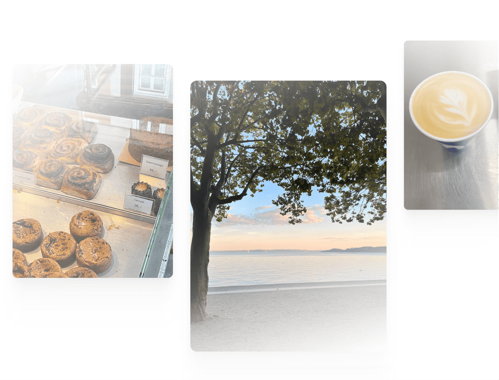 Three images side by side: pastries in a bakery, sunset by the lake and a cup of coffee