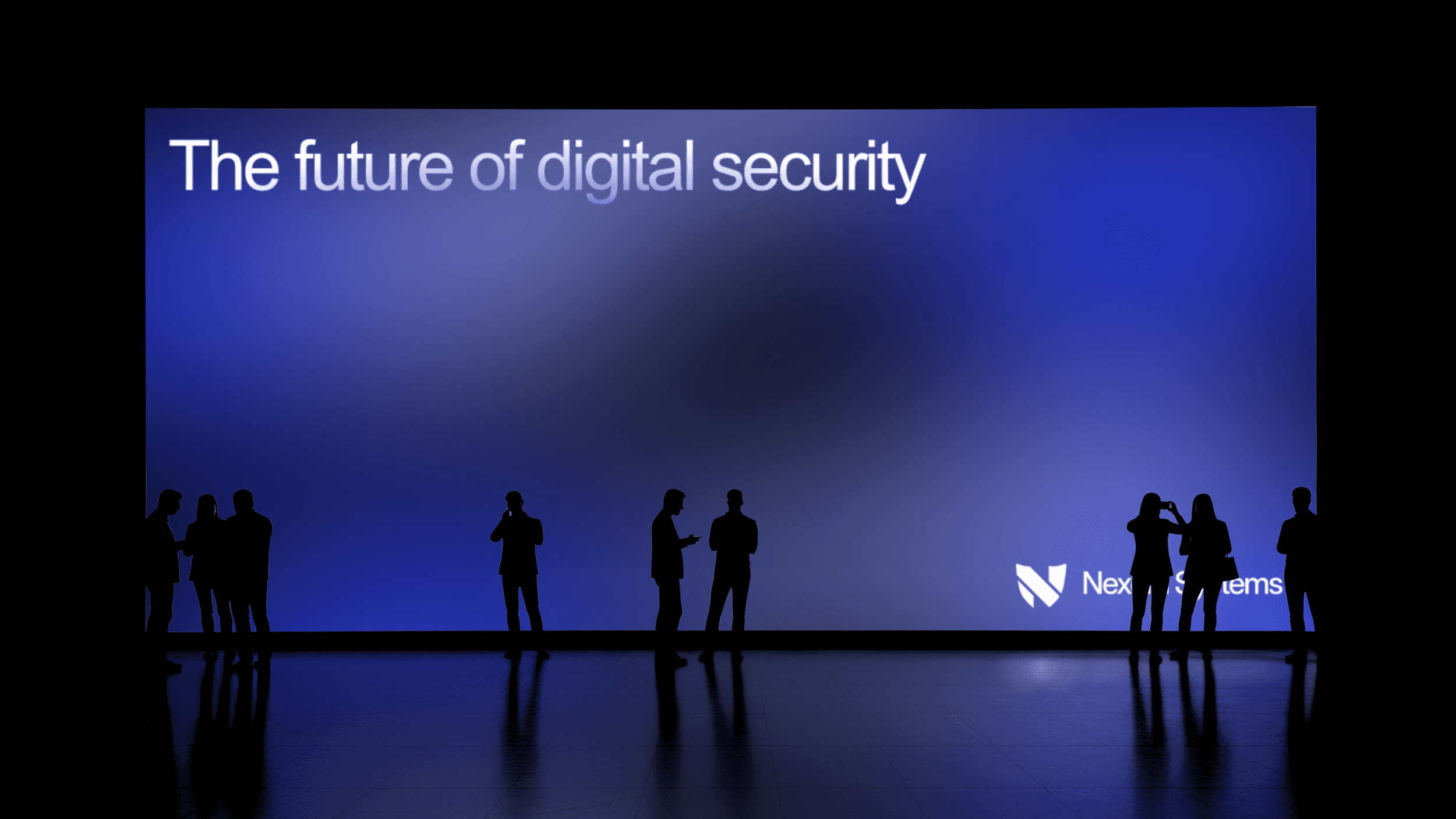A digital billboard mockup for the brand Nexora Systems featuring a blue gradient background with the words "The future of digital security"