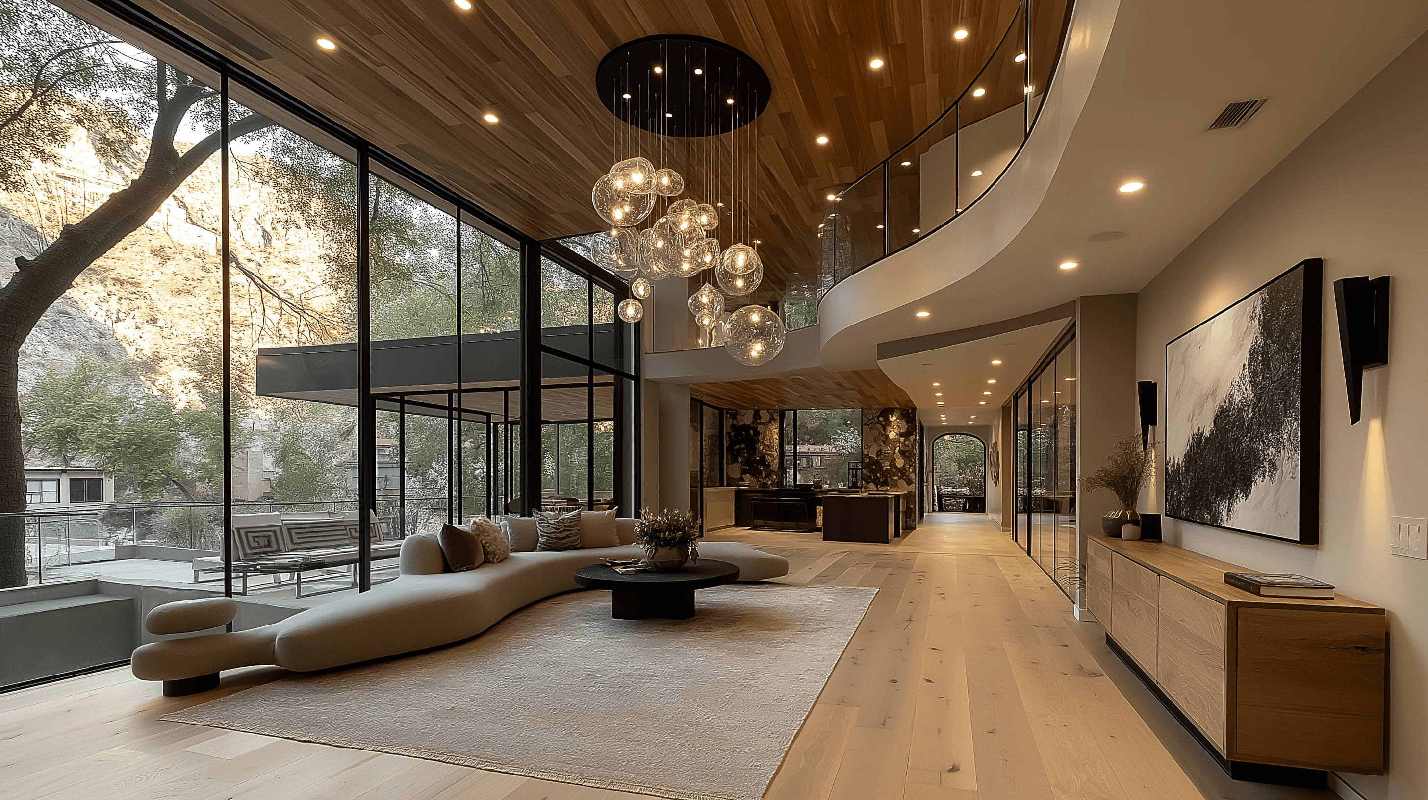 Spacious double-height luxury living room featuring a curved mezzanine, a long organic-shaped sofa, a cluster of glass pendant lights, and large windows looking out to a stone cliff.