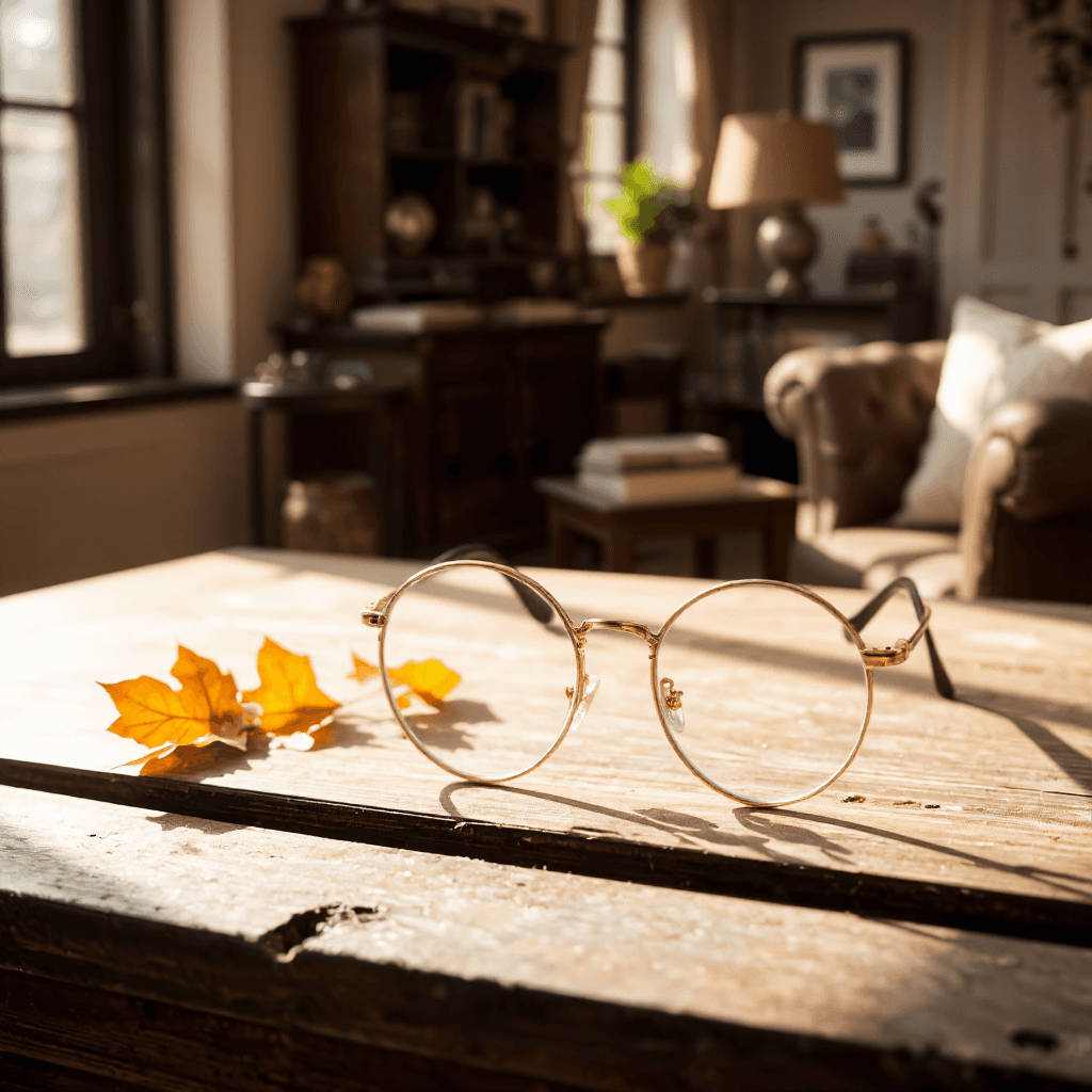 product photography of a pair of eyeglasses with a vintage design, suitable for vision correction or fashion use