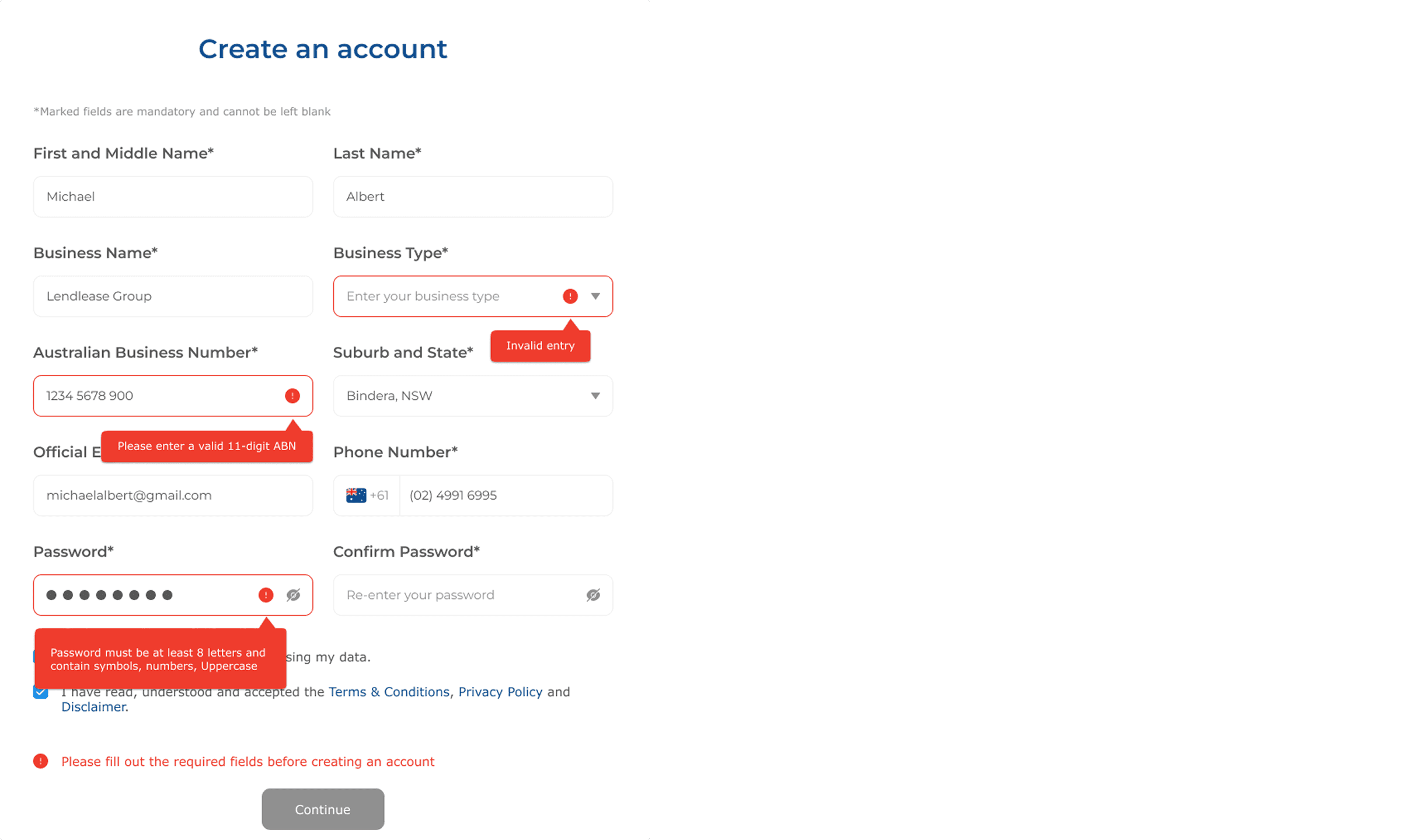 Tooltips showing errors in the registration fields