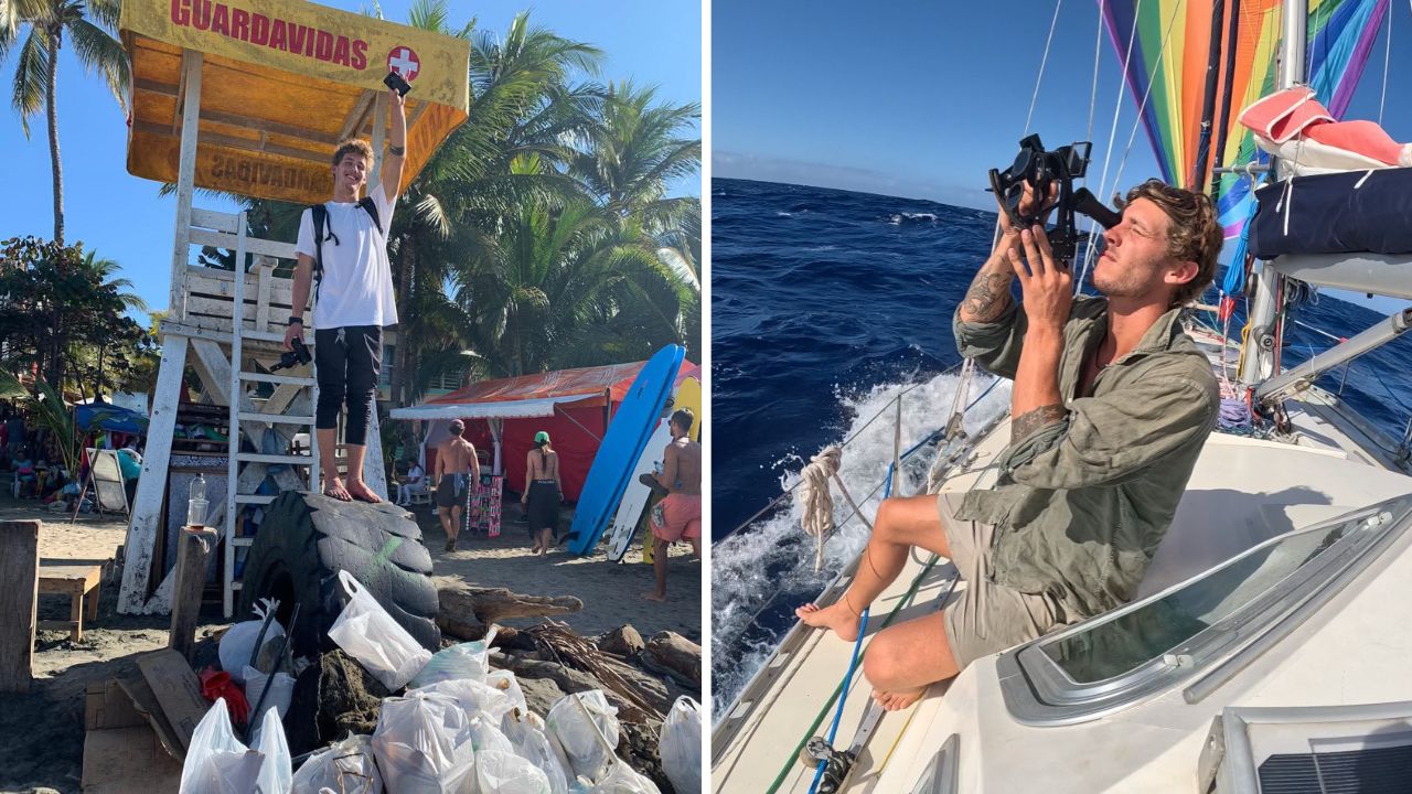 Noa from noathewhale doing a beach clean-up and using celestial navigation tools on his sailboat