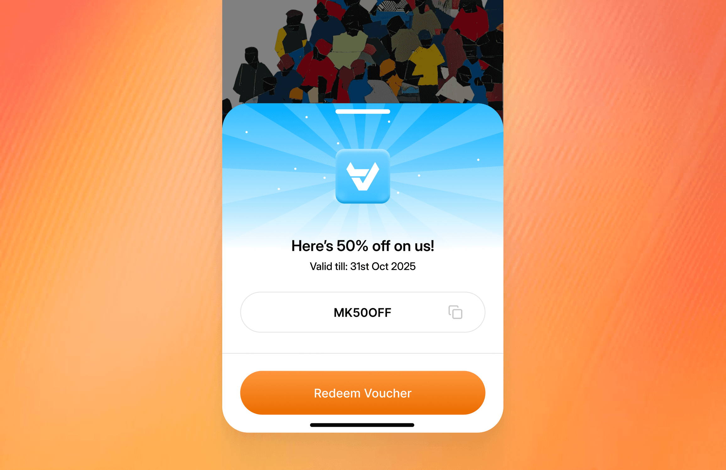 A digital voucher displays a 50% discount offer valid until October 31, 2025, with the code "MK50OFF" and a prominent "Redeem Voucher" button on a vibrant orange background.