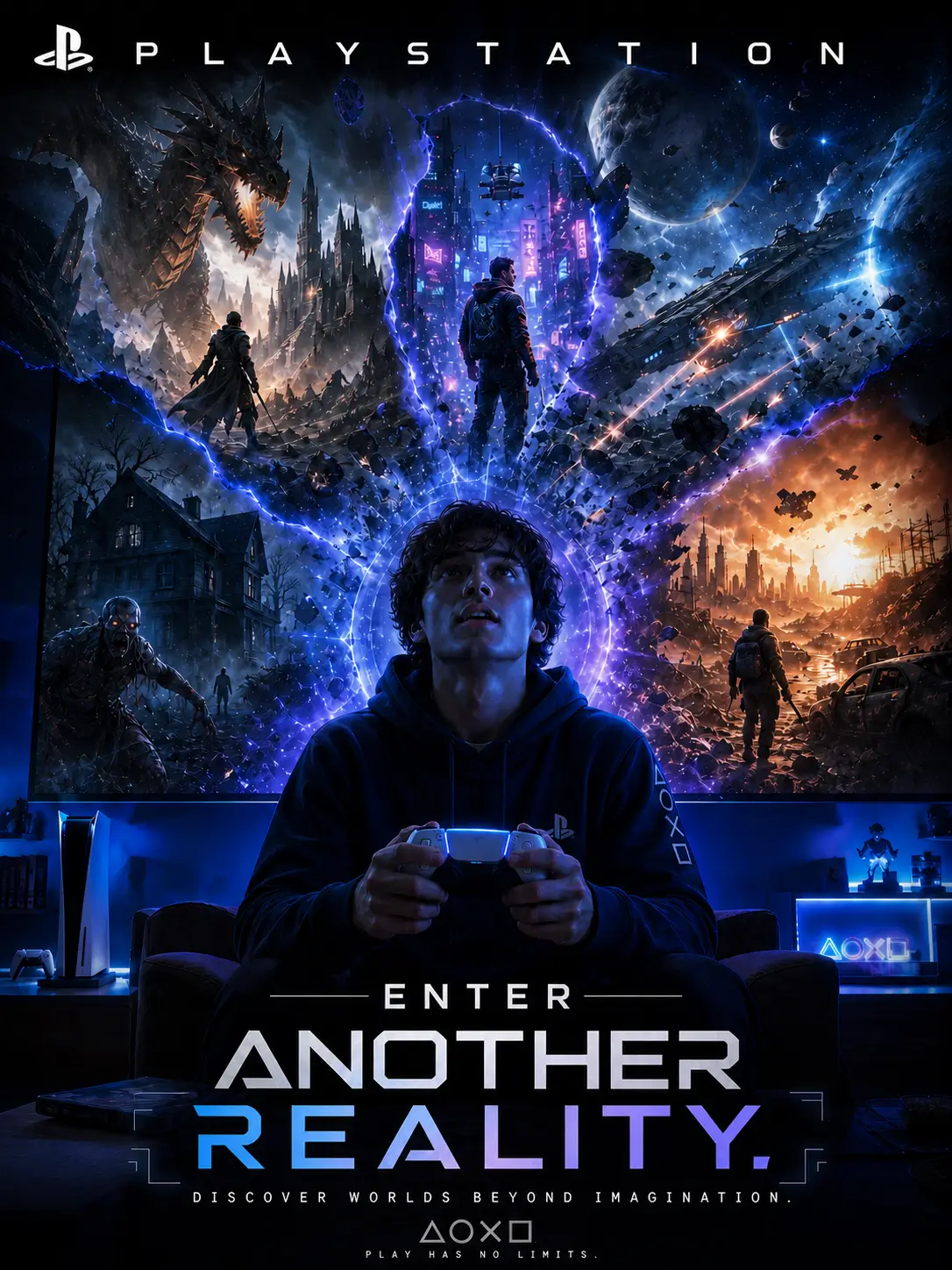 AI-generated PlayStation poster showing a gamer immersed in a glowing fantasy world, blending action, adventure, and digital escapism.