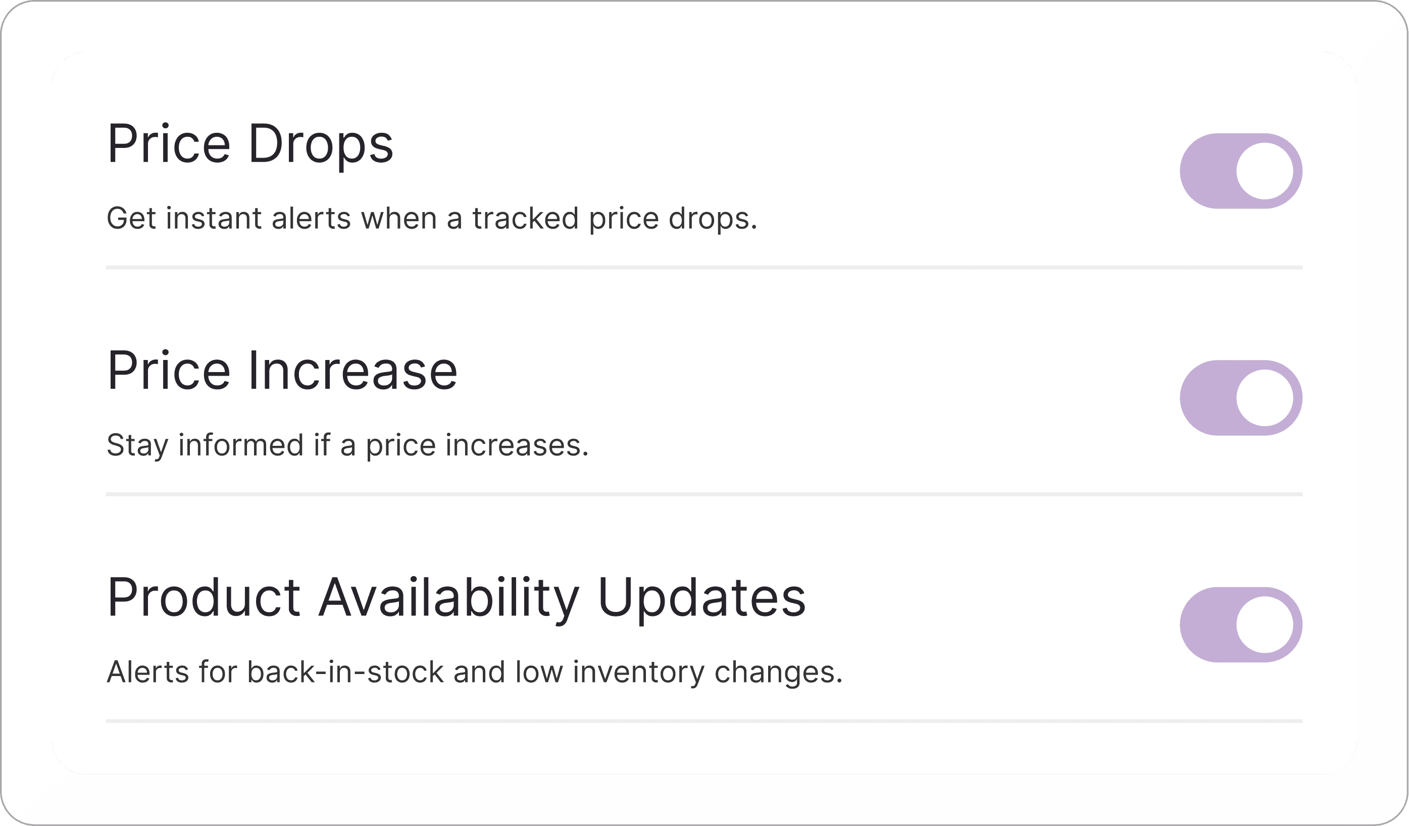 A settings screen in the Whisprice app shows notification preferences with toggles for Price Drops, Price Increase alerts, and Product Availability Updates such as back-in-stock and low inventory changes.