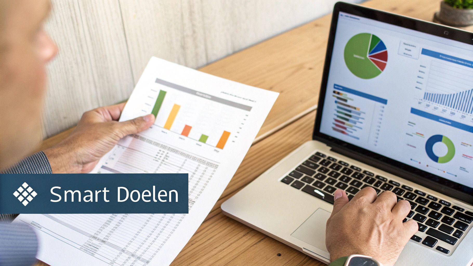 Een team dat doelstellingen bespreekt met grafieken op de achtergrond