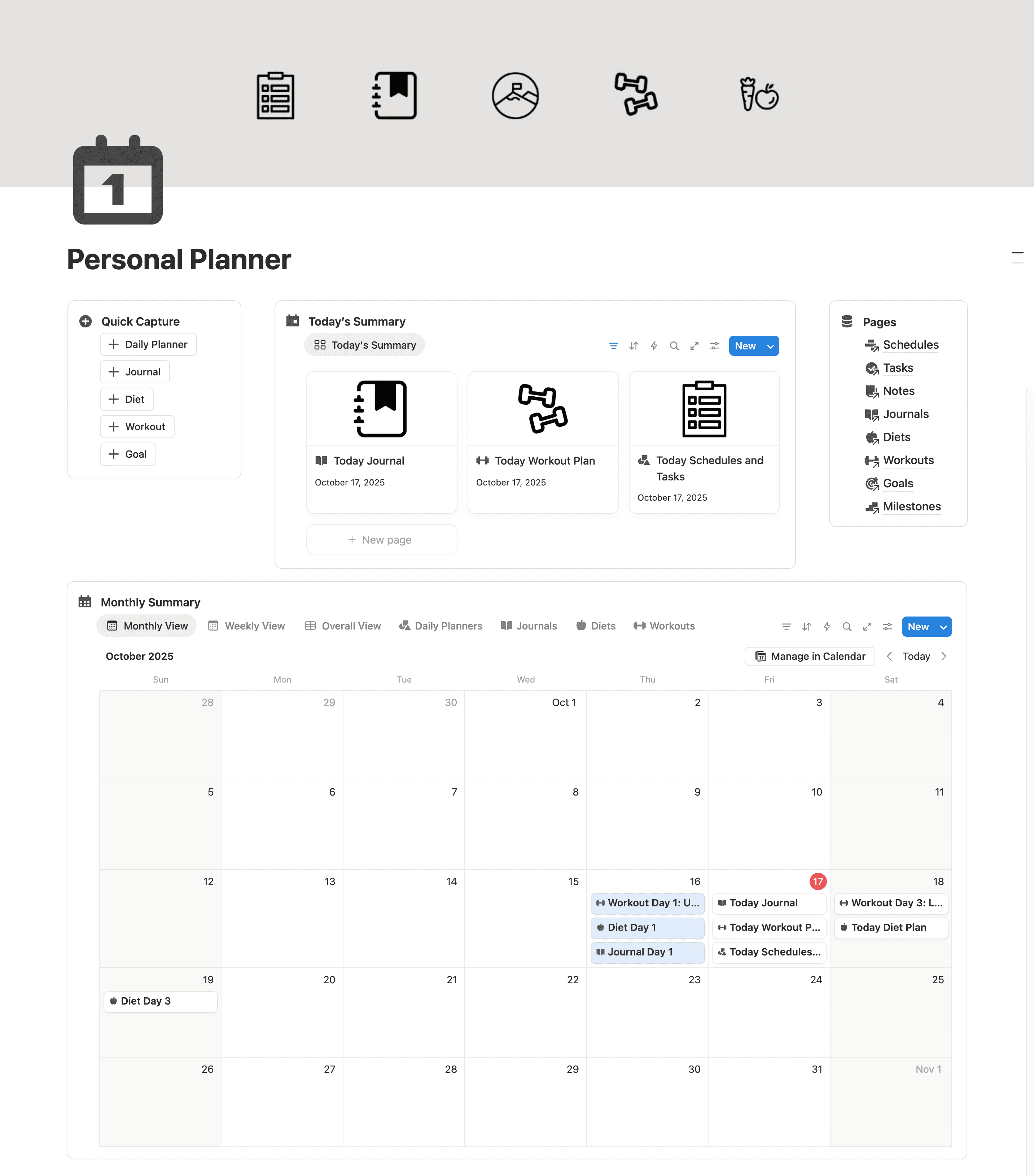 Personal Planner Notion template with calendar planning goals and daily tasks