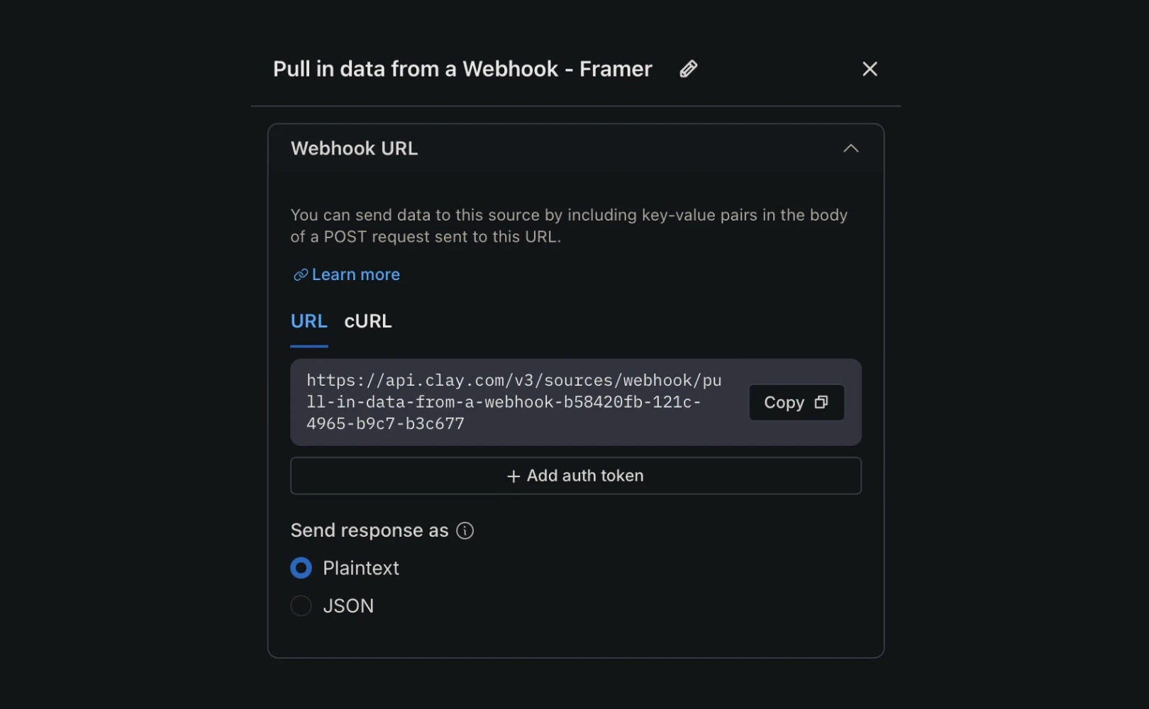 Clay 사이트에서 Webhook을 생성하는 방법을 설명합니다.