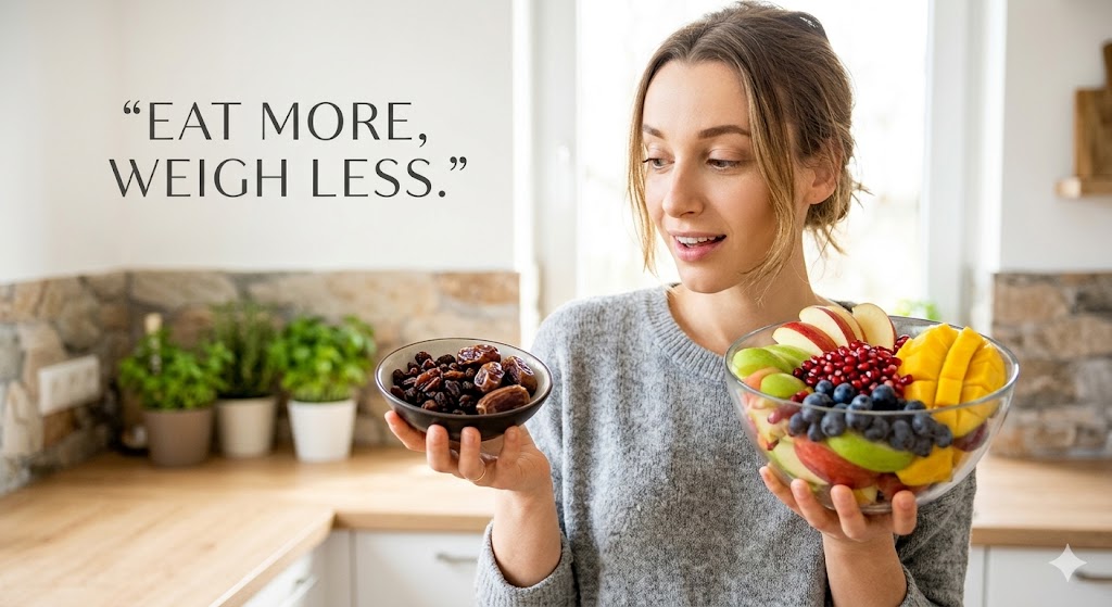 A young woman in a kitchen setting holds a large, voluminous bowl of fresh cut fruits and a small, dense bowl of dried fruits and dates, illustrating the concept that fresh fruits are more filling for fewer calories. The text overlay reads, "Eat More, Weigh Less."