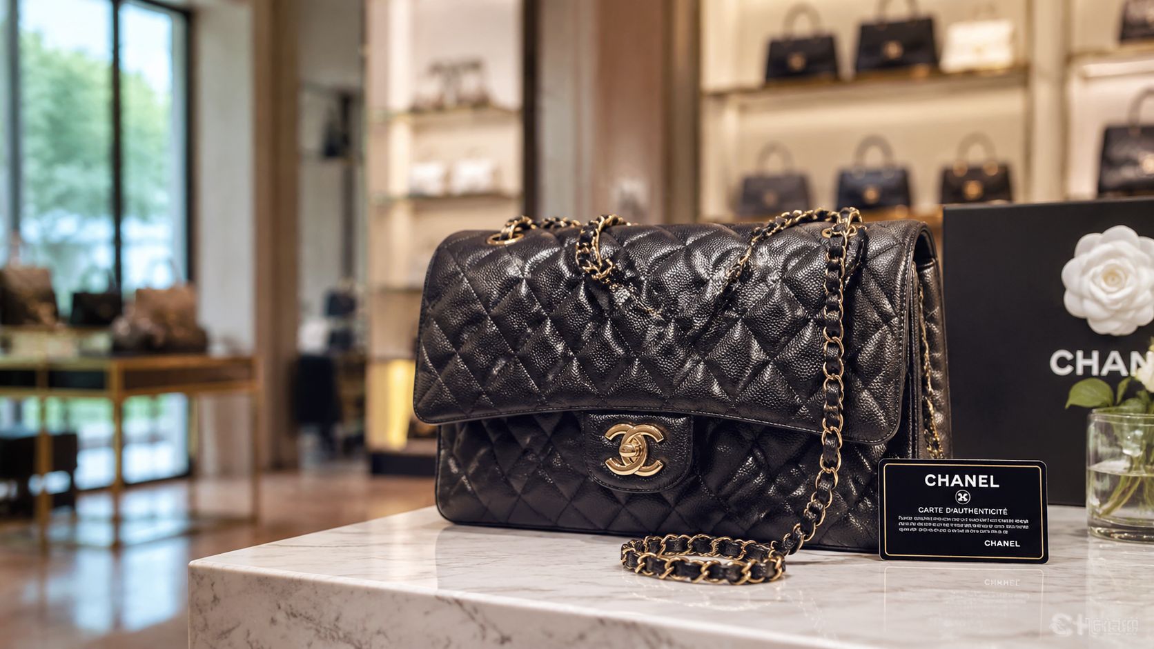 A luxurious black quilted Chanel handbag displayed on a marble table with its authenticity card in a boutique.