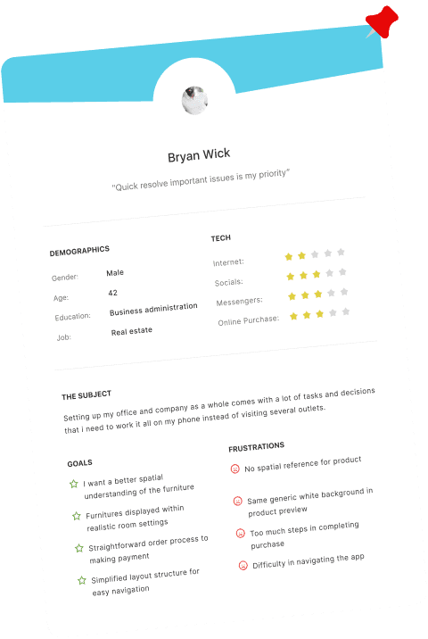 Pinned user persona featuring a man goals and frustration with online furniture purchase experience for ThePacific furnitures.
