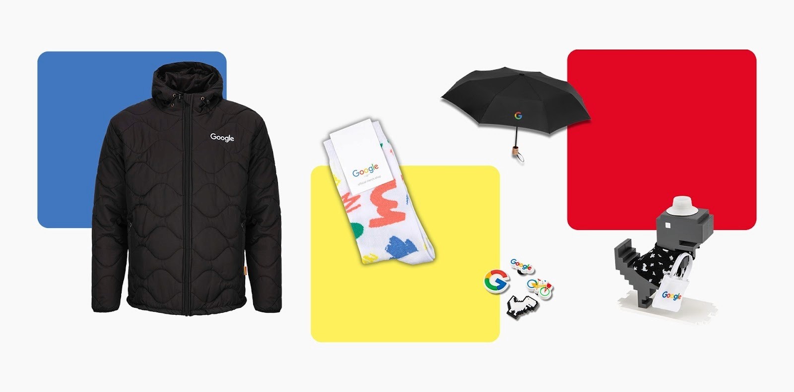 Google-branded merch including a jacket, socks, an umbrella, jibets, and a dinosaur figurine with a Google tote bag on colored backgrounds.