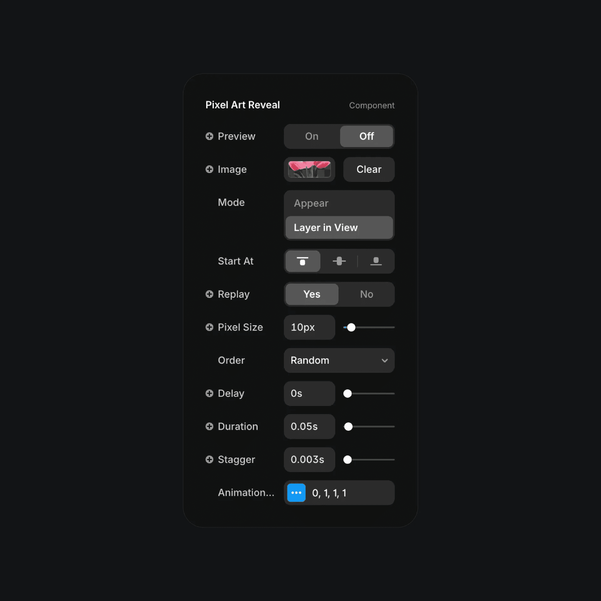 Pixel art reveal component settings with animation timing controls