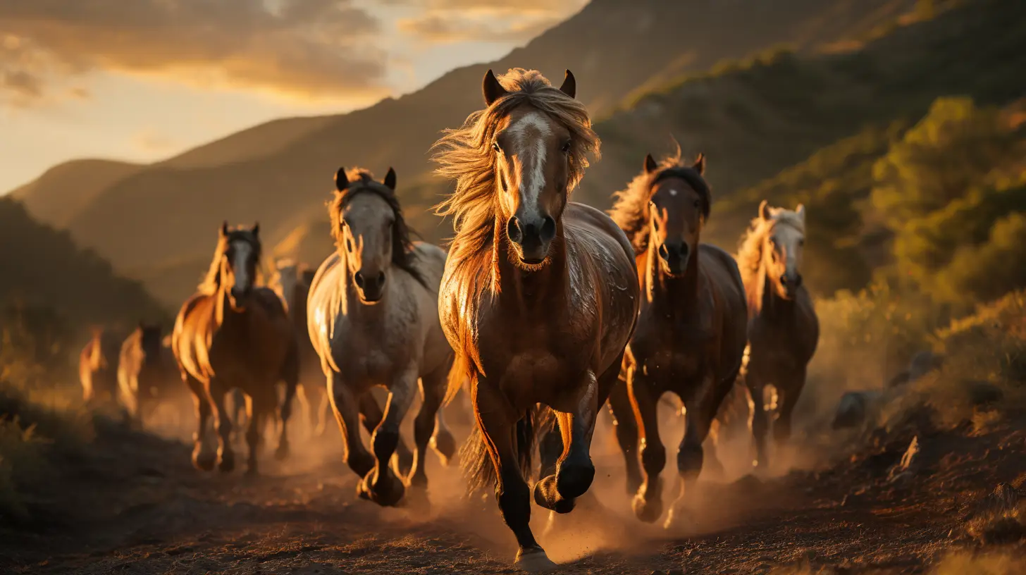 Kudde paarden gallopeert in de Algarde tijdens magic hour