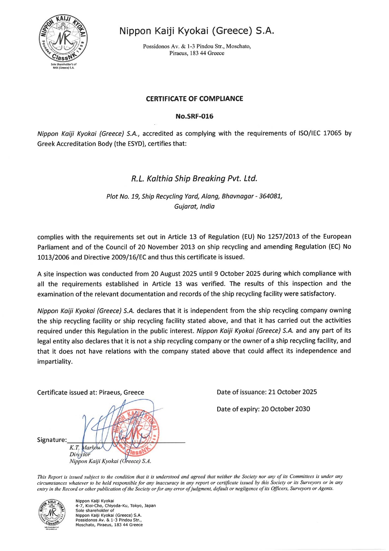 LRQA Certificate of Approval for R.L. Kalthia Ship Breaking Pvt. Ltd. certifying ISO 30000:2009 compliance for ship recycling management systems at Alang shipbreaking yard