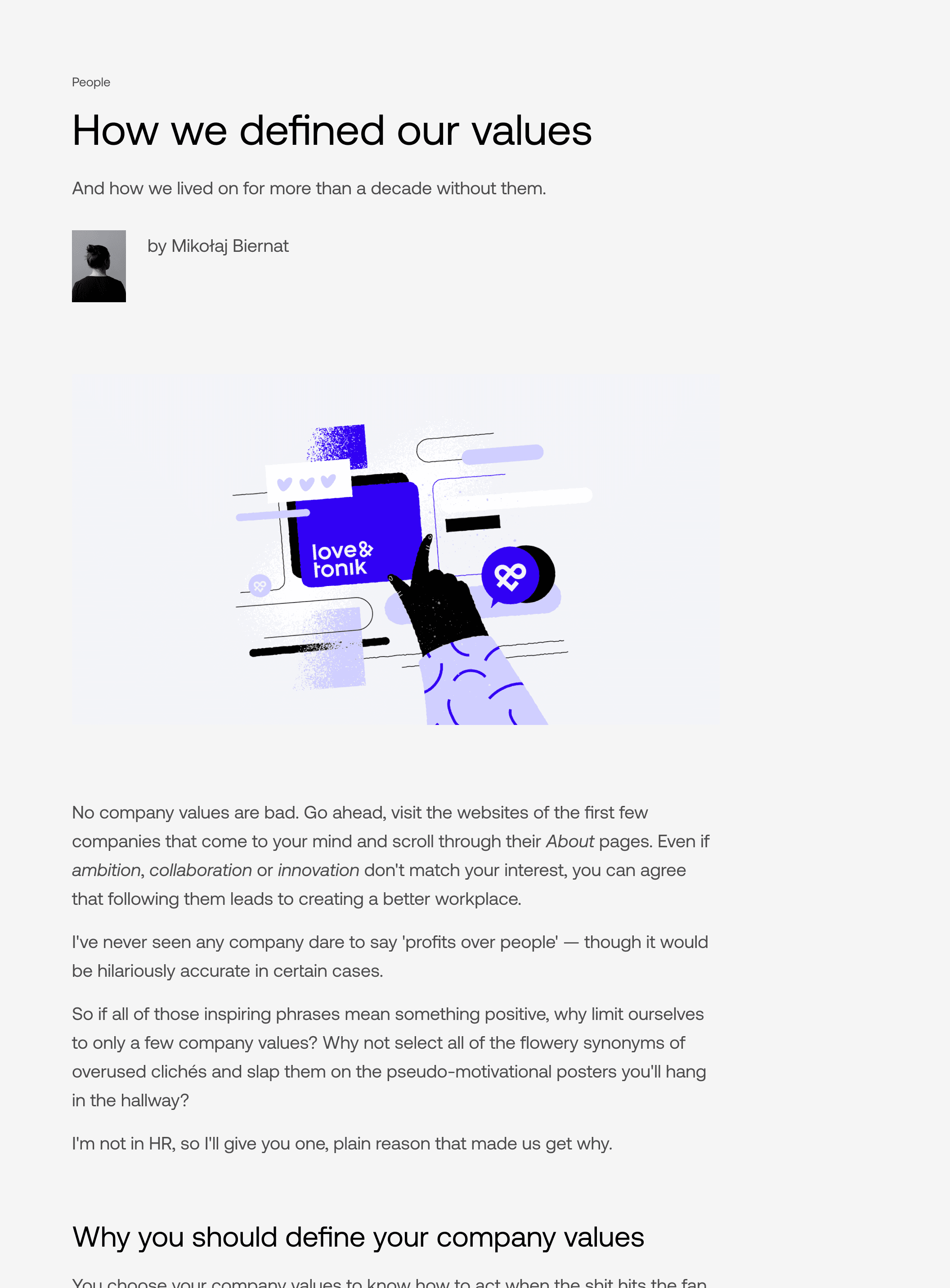 A blog post titled “How we defined our values”.