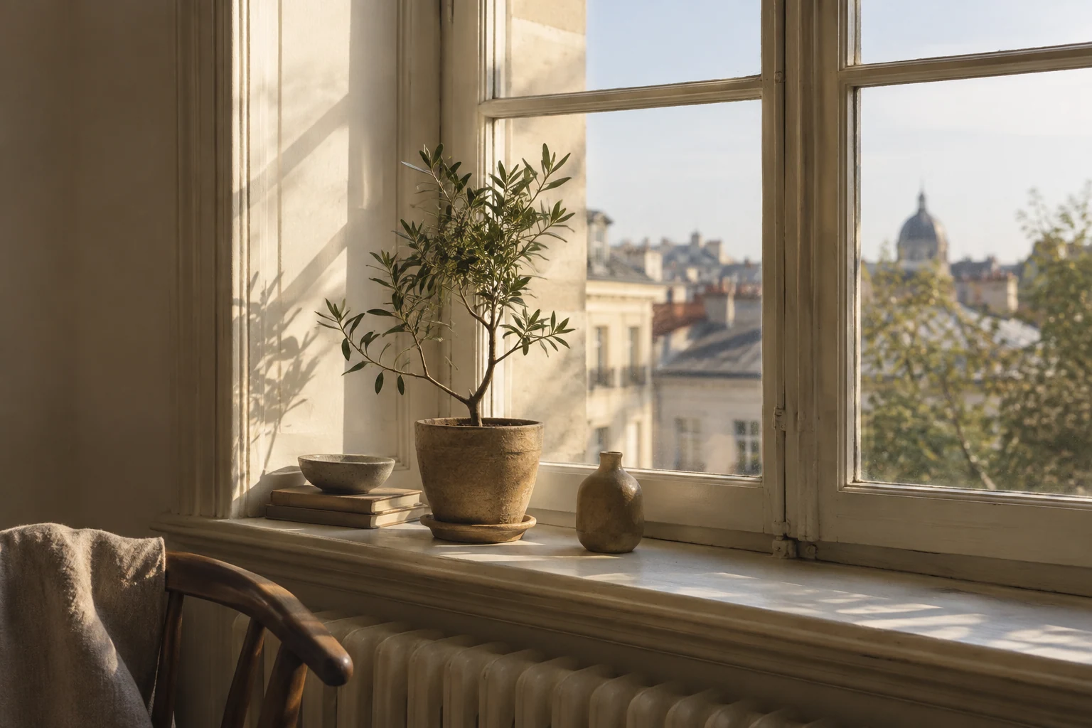 Small potted plant on the sill of a tall old cream-painted window in warm afternoon light, imaginary interior