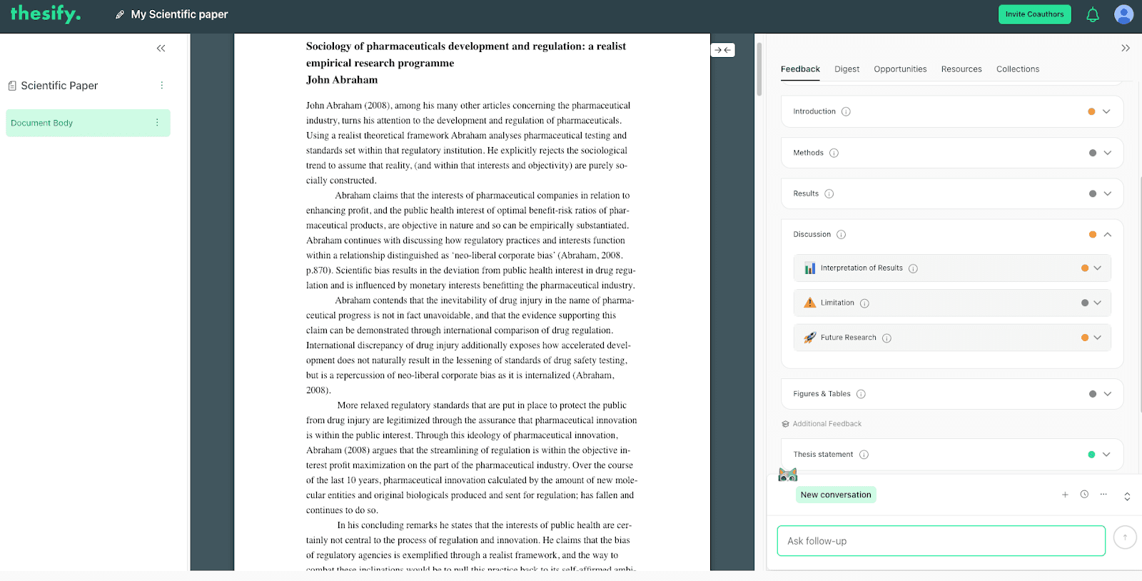 thesify discussion feedback tool showing interpretation, limitation, and future research sections