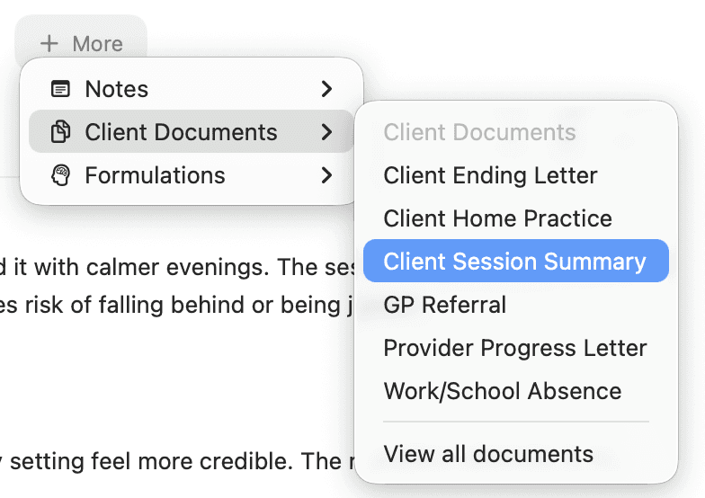 More → Client Documents with Client Session Summary highlighted.