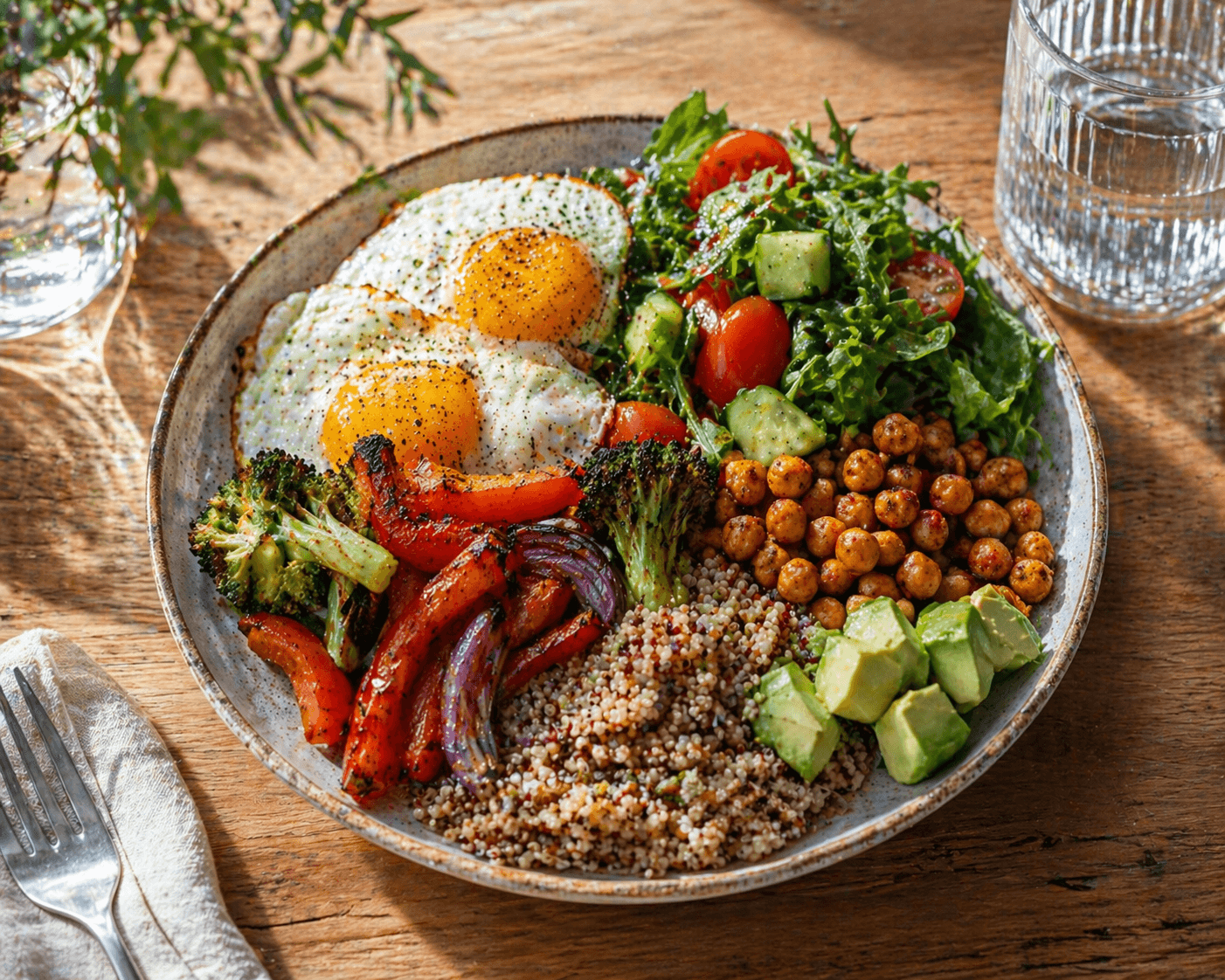 Plate of high-satiety foods — protein, fibre, and volume — that help you feel full longer without calorie counting
