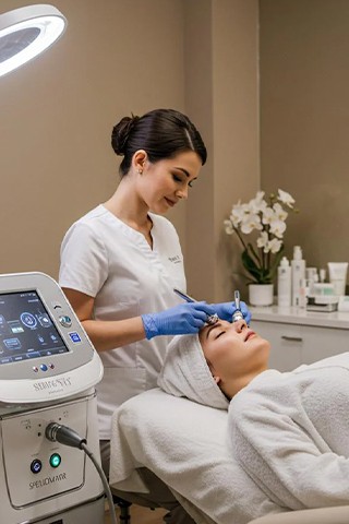 Portrait of a woman with long red hair and closed eyes, gently touching her face with both hands