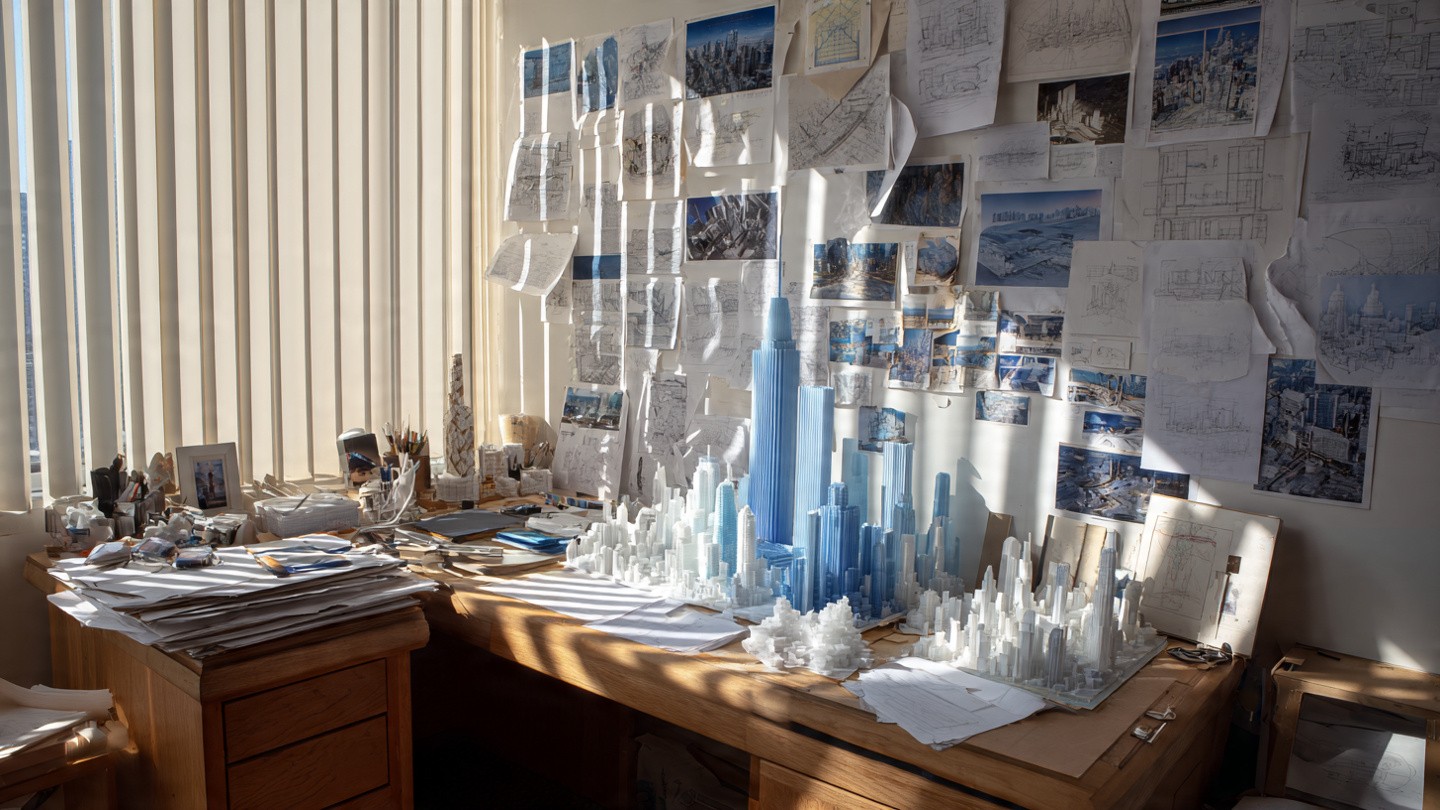 Architect's desk with a detailed model cityscape in white and blue; back wall is covered in various architectural sketches and images, lit by sunlight.