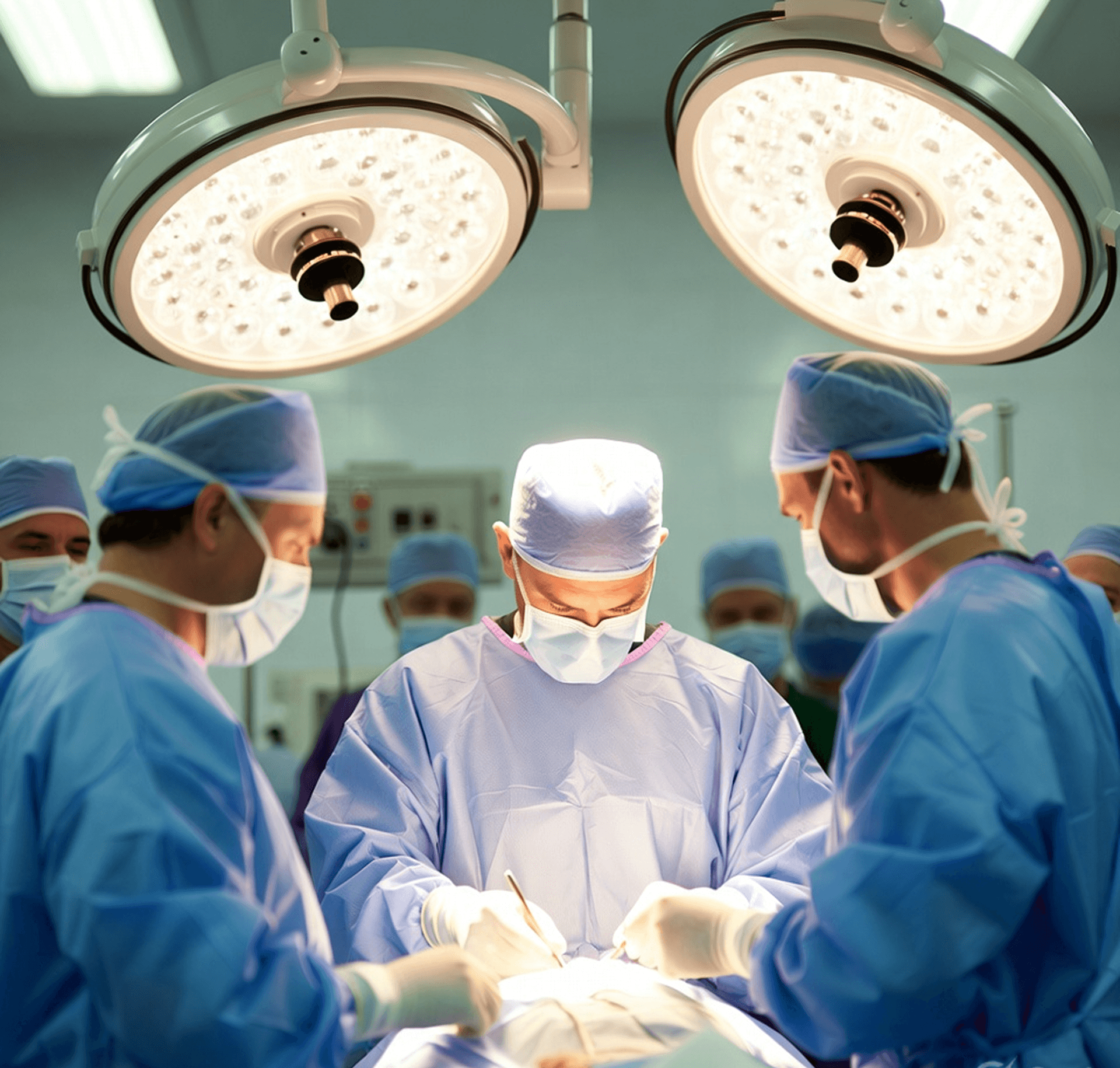Surgical team performing an operation under bright lights.