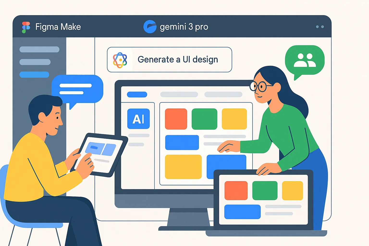 Google-style vector illustration showing designers using Gemini 3 Pro inside Figma Make with AI-generated layouts, UI panels, and collaboration elements.