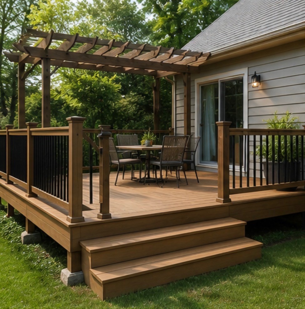 Finished deck with railing and table
