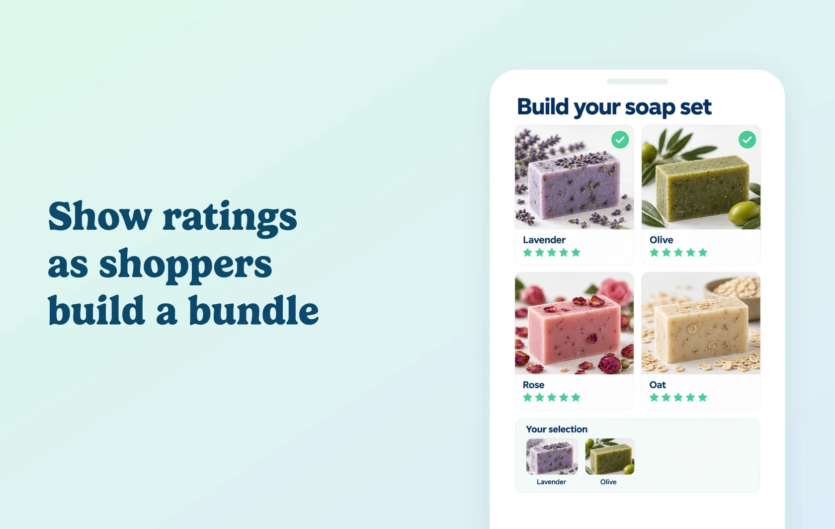 Judge.me and BYOB integration: illustration of a mix-and-match soap bundle builder with separate product star ratings and two selected items.