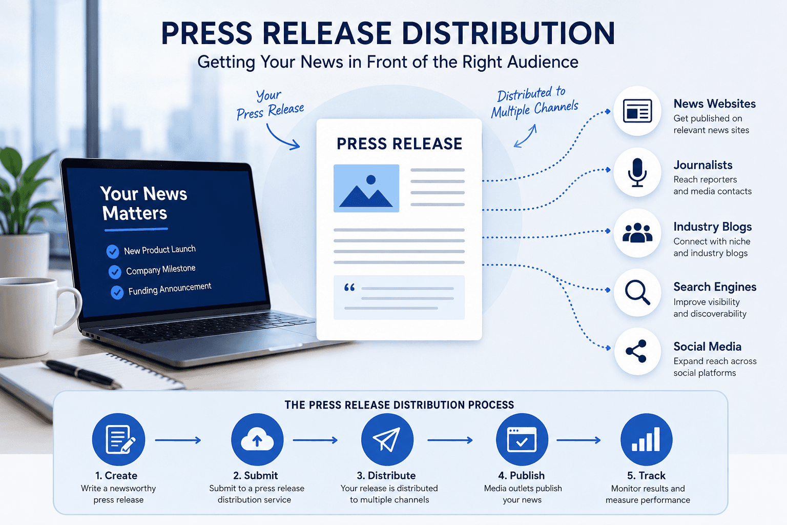 Press release distribution infographic with sections on news websites, journalists, industry blogs, search engines, and social media, along with a step-by-step process for distributing a press release.