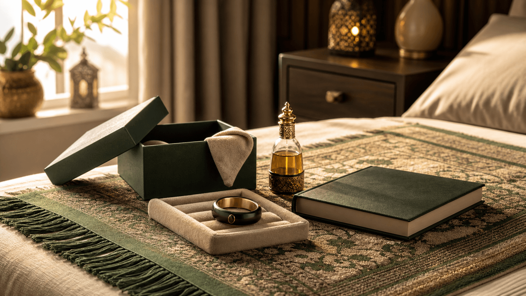 An Eid Mubarak gift that outlasts the day: smart dhikr jewellery with attar and a Quran on a prayer mat
