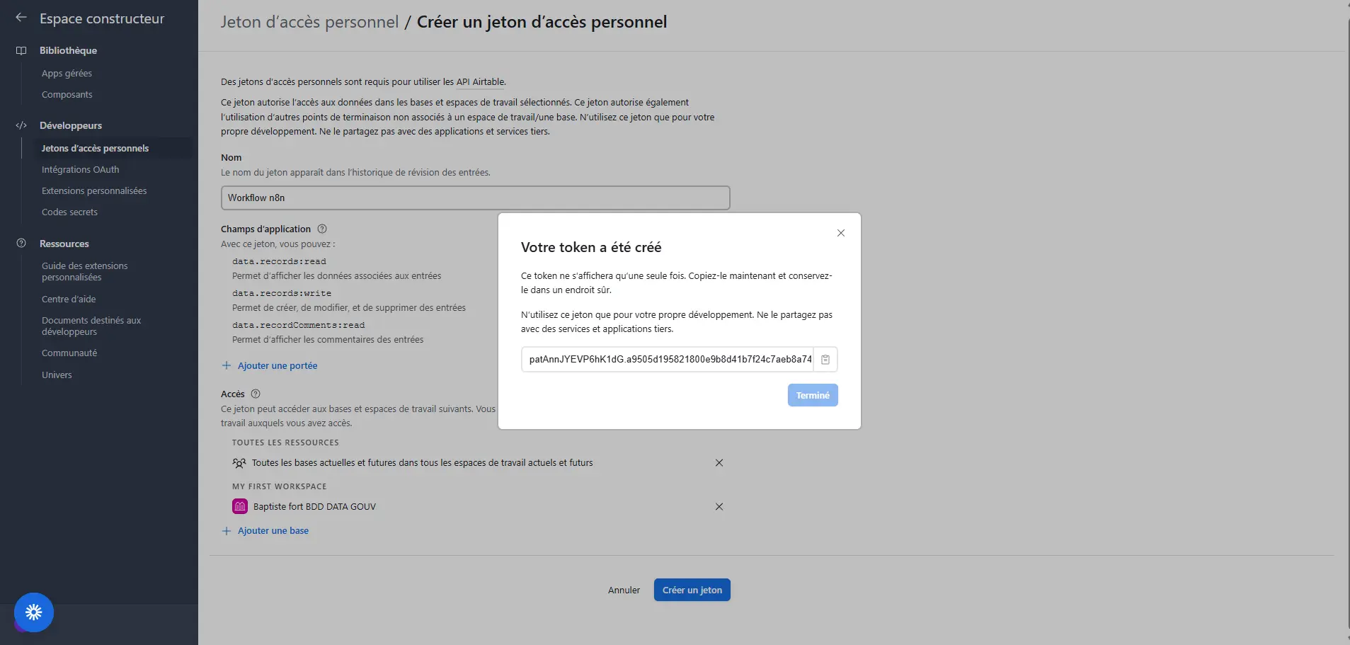 Exemple d'une clé api airtable