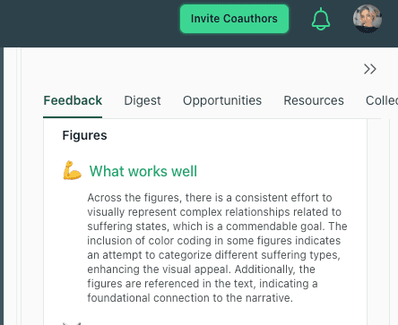 thesify interface showing the Invite Coauthors button above the feedback panel for collaborating on table and figure feedback.