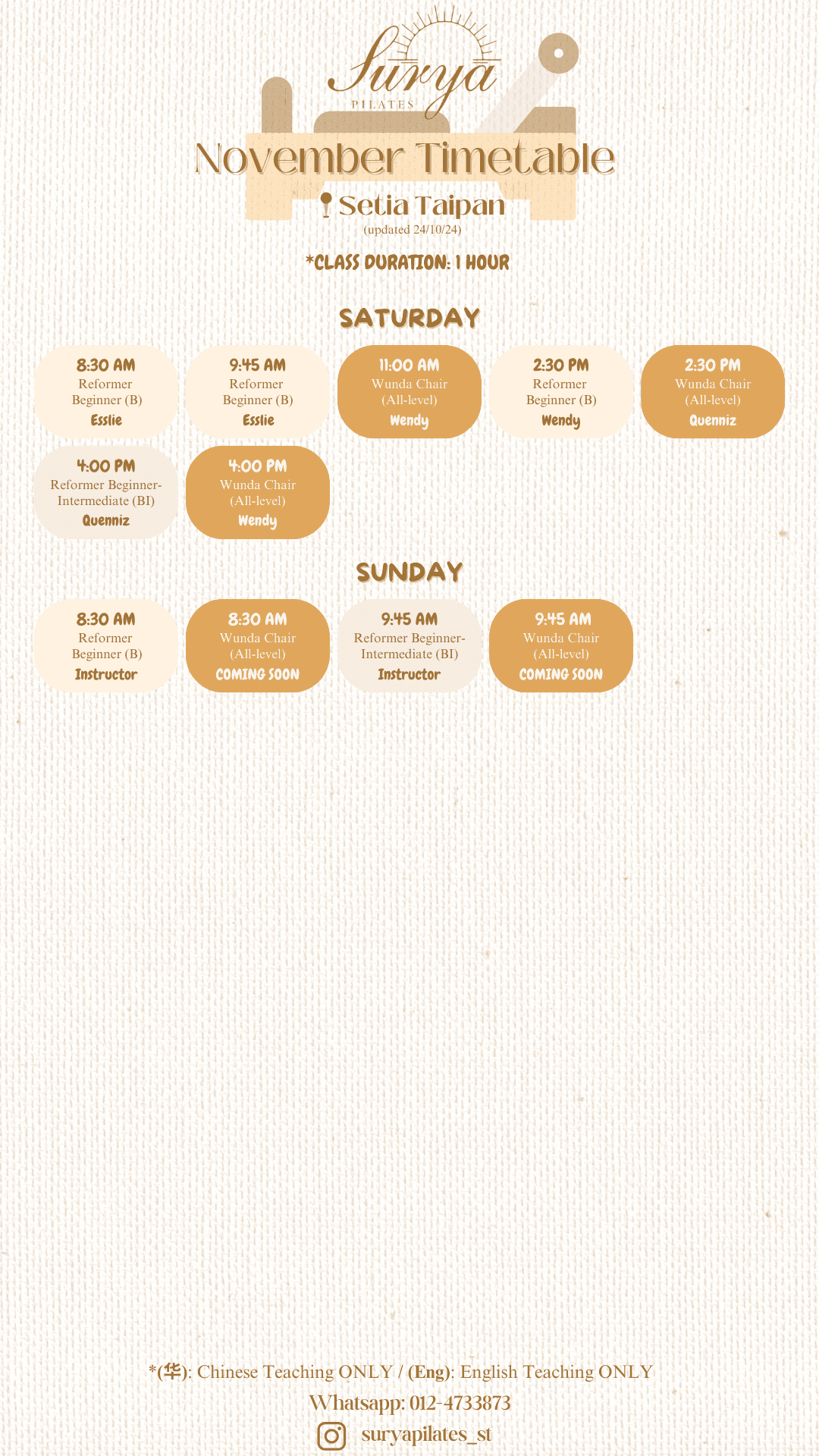 Surya Pilates  Setia Taipan Schedule