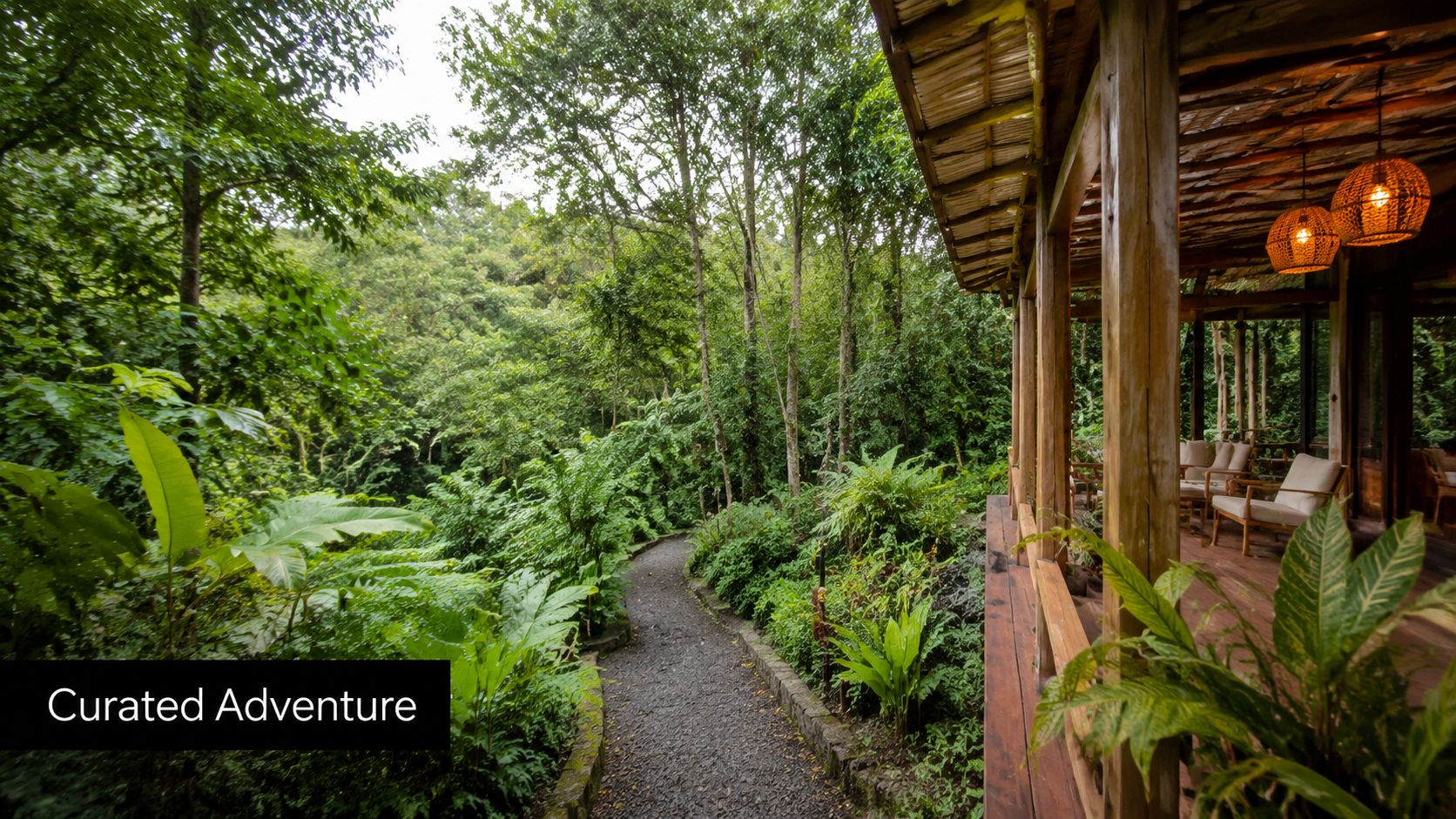 A serene stone path winding through a lush tropical rainforest next to a rustic wooden deck.