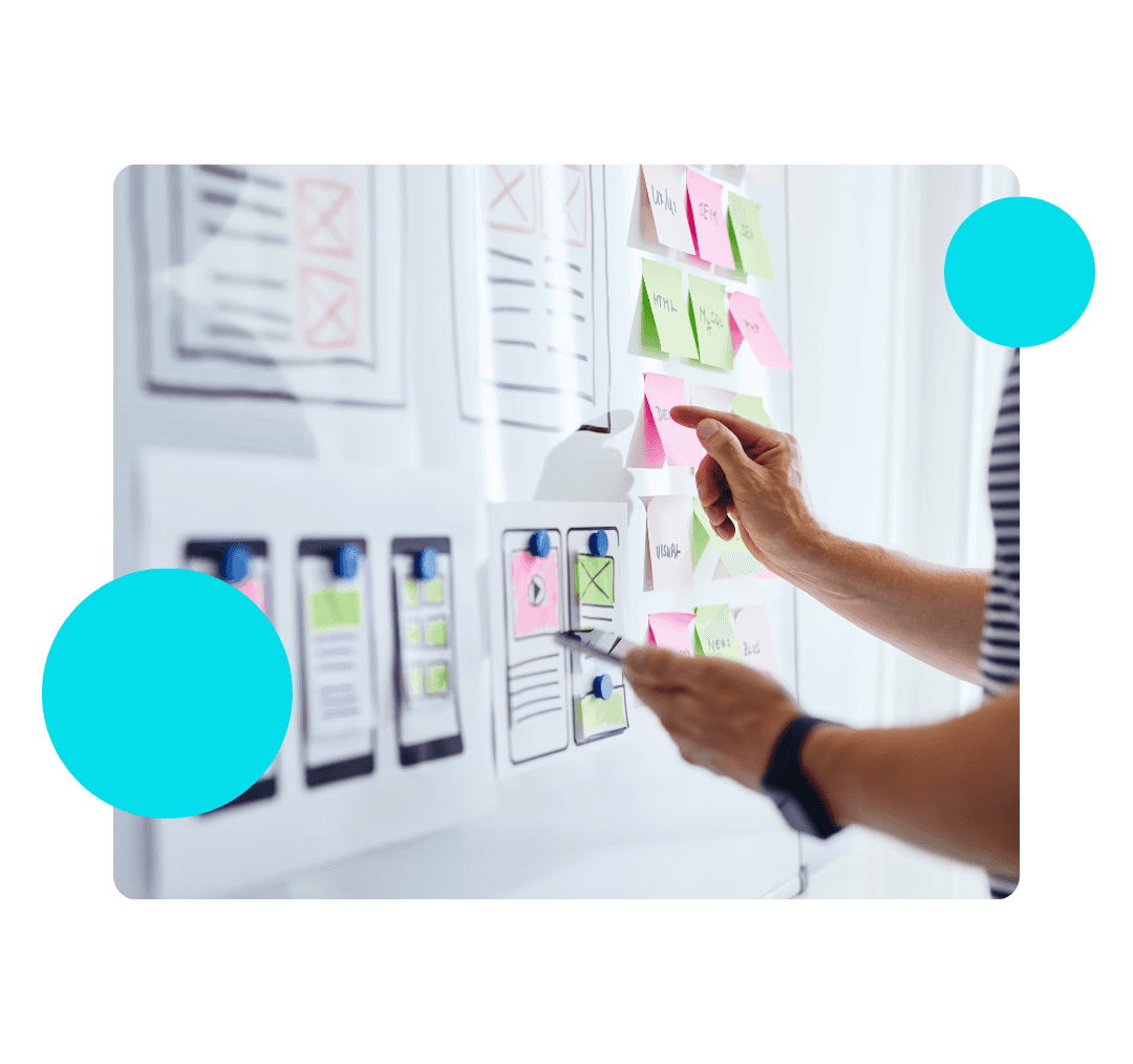 A complex network of interconnected nodes and lines, representing a system or process.  The nodes are various shapes and sizes, some containing text or icons. The overall style is dark with purple accents.