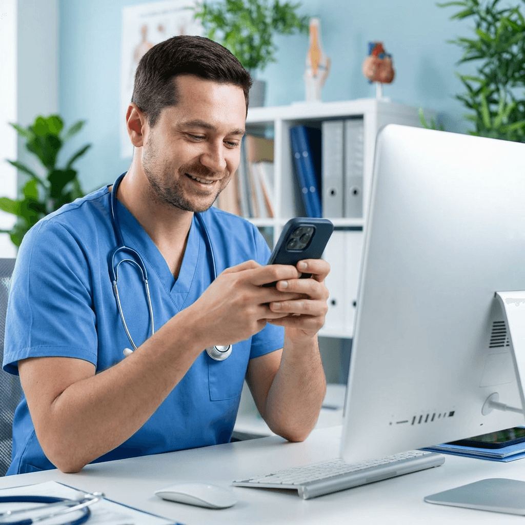 Man on phone and apple computer